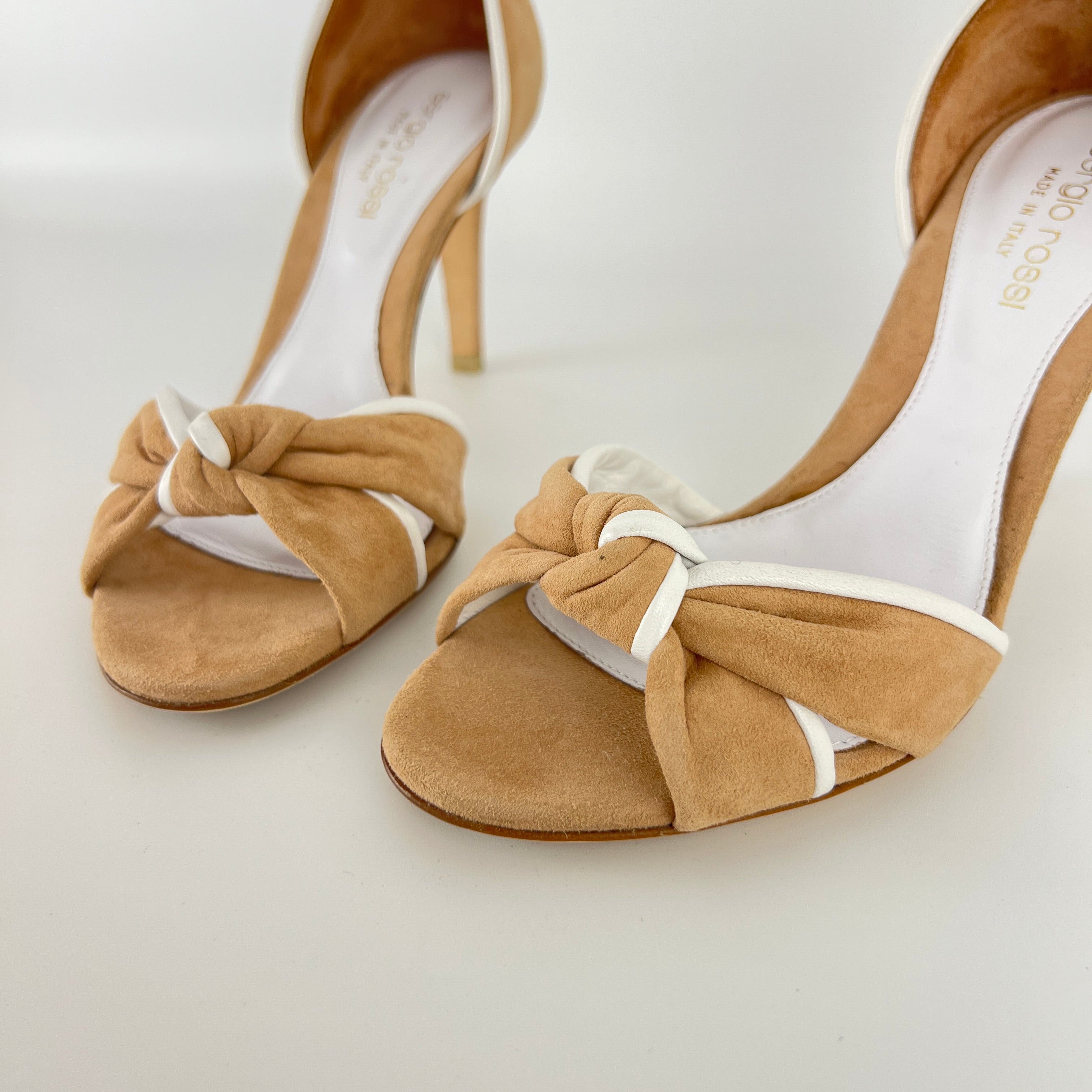 Sergio Rossi | Beige Tan Suede White Leather Knotted Strap D'Orsay Pumps (35)