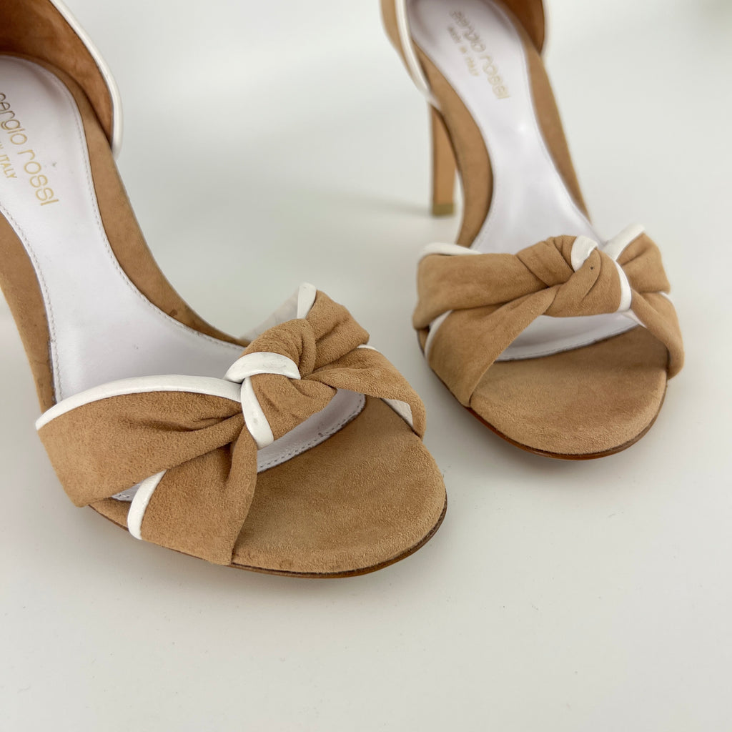Sergio Rossi | Beige Tan Suede White Leather Knotted Strap D'Orsay Pumps (35)