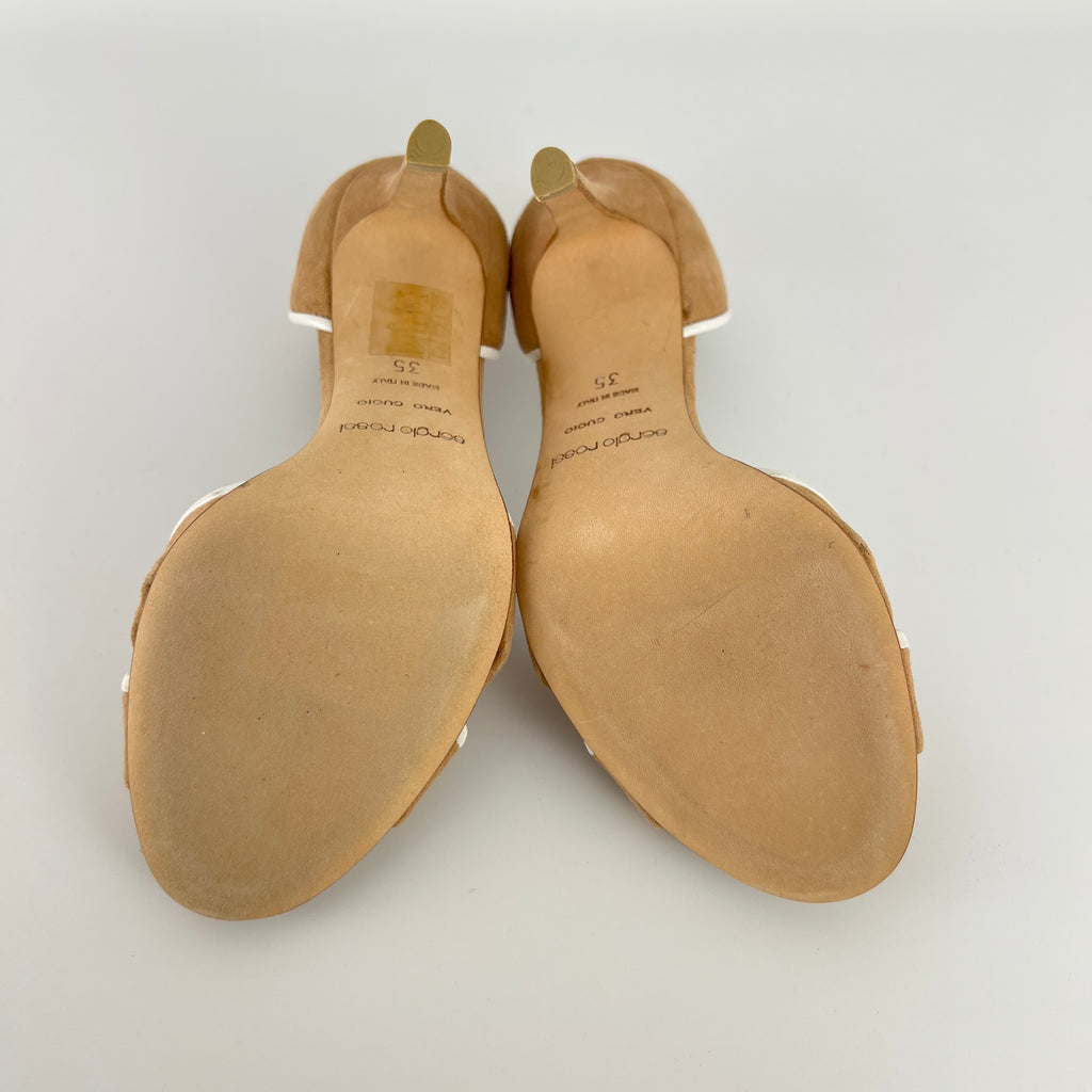 Sergio Rossi | Beige Tan Suede White Leather Knotted Strap D'Orsay Pumps (35)
