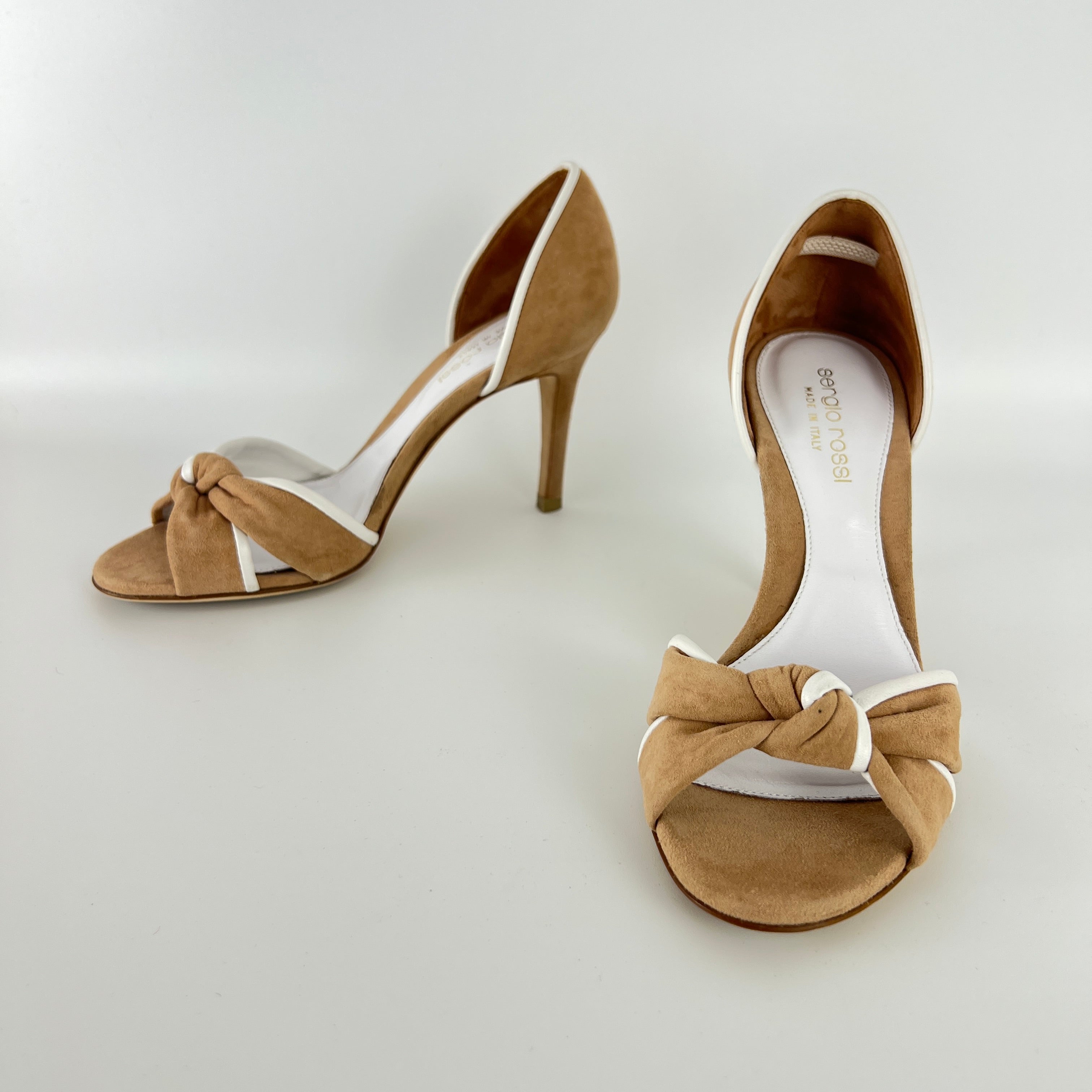 Sergio Rossi | Beige Tan Suede White Leather Knotted Strap D'Orsay Pumps (35)