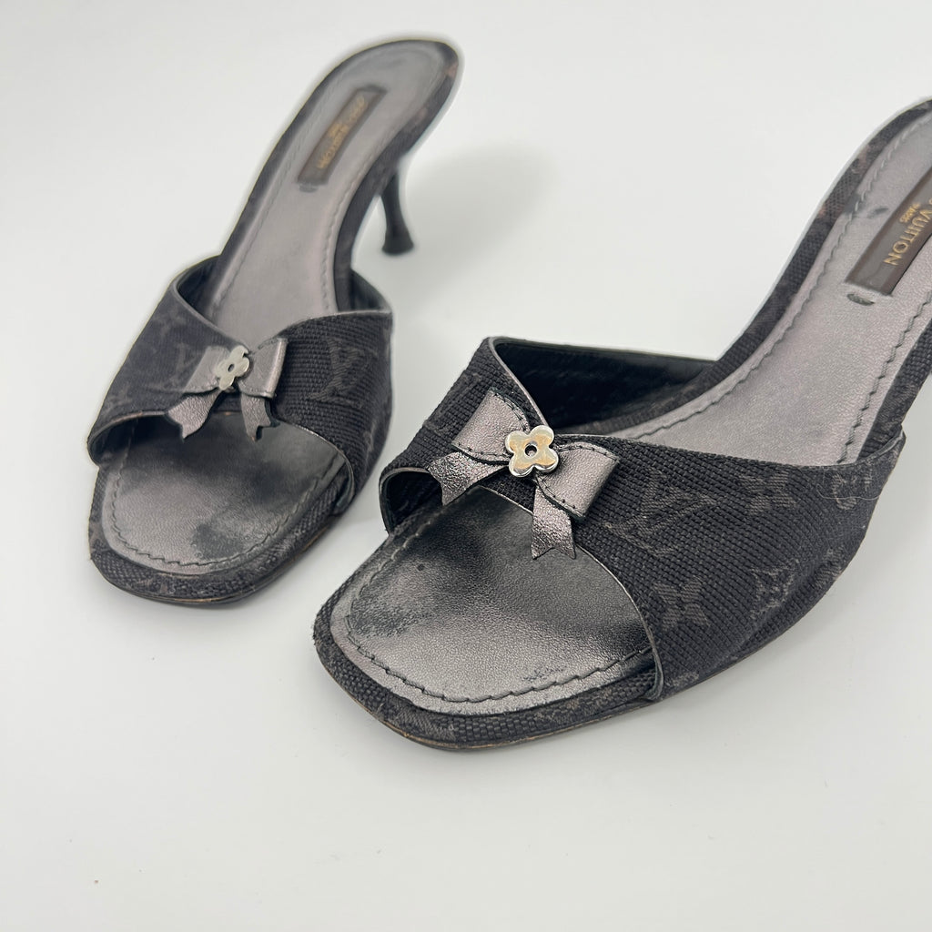 Louis Vuitton | Vintage Monogram Black Denim Bow Leather Mules (34)