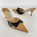 Manolo Blahnik | Beige Black Leather Knot Bow Pointed Toe Slide Mules (35.5)