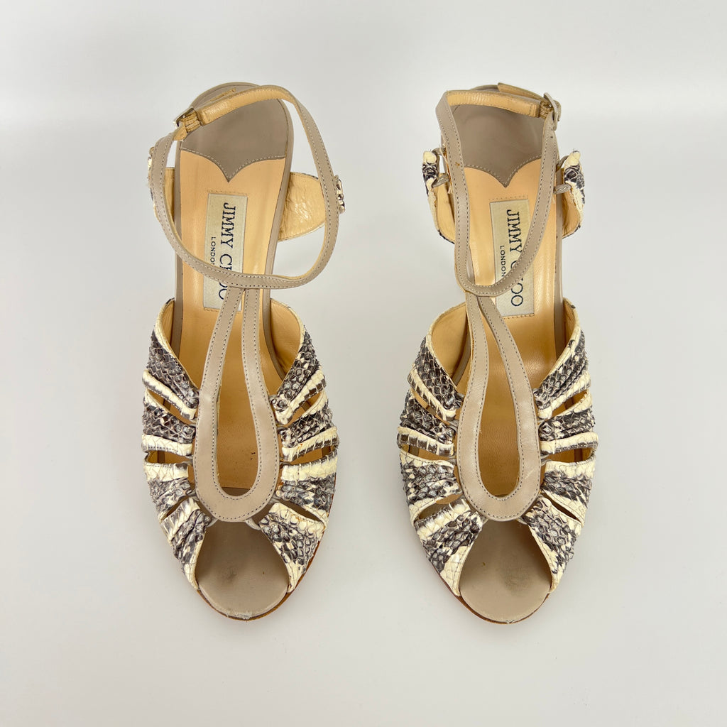 Jimmy Choo | Gray Beige Snake Leather Strappy Sandal Stiletto Heels (39.5)