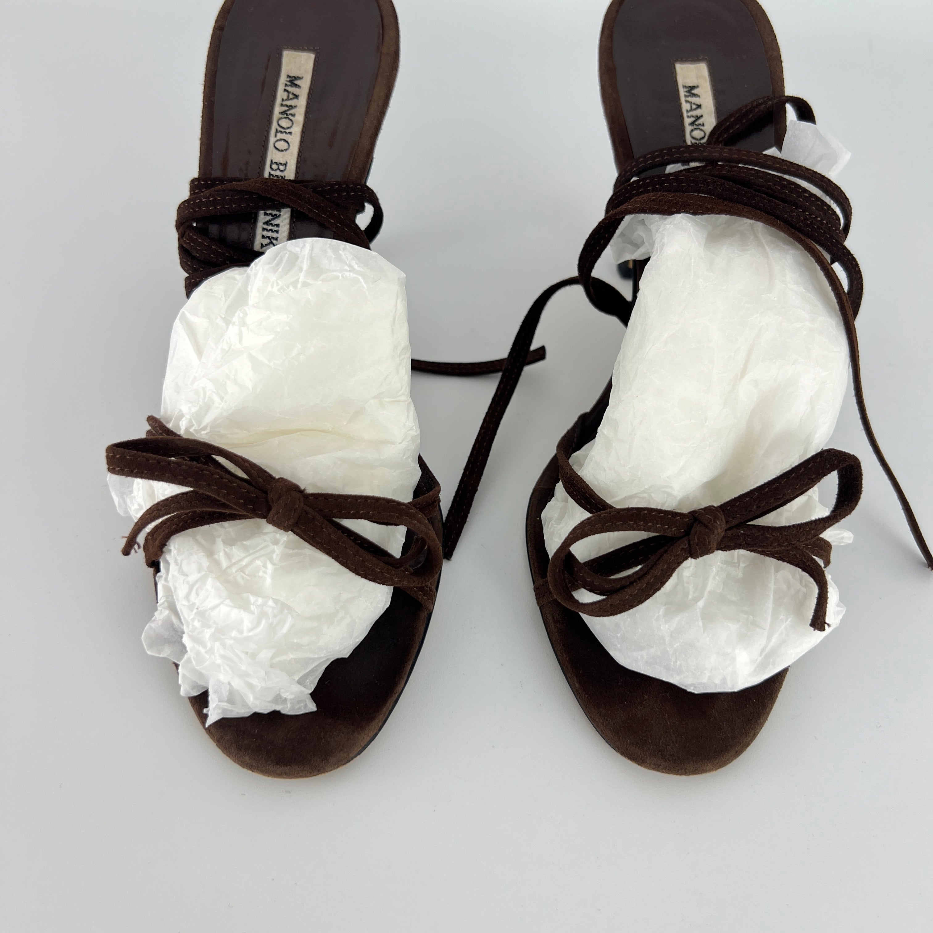Manolo Blahnik | Brown Suede Leather Ribbon Bow Lace Up Sandal Heels (35)