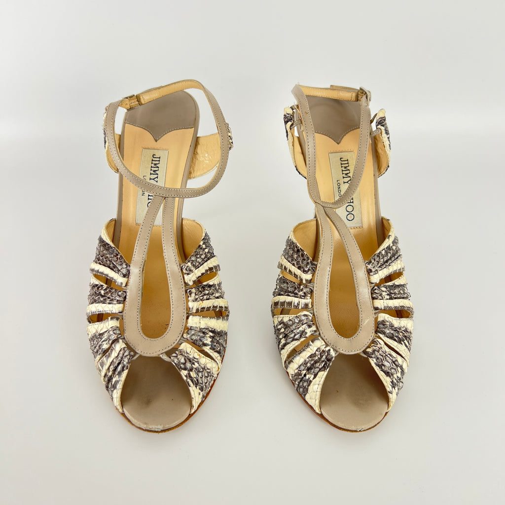 Jimmy Choo | Gray Beige Snake Leather Strappy Sandal Stiletto Heels (39.5)