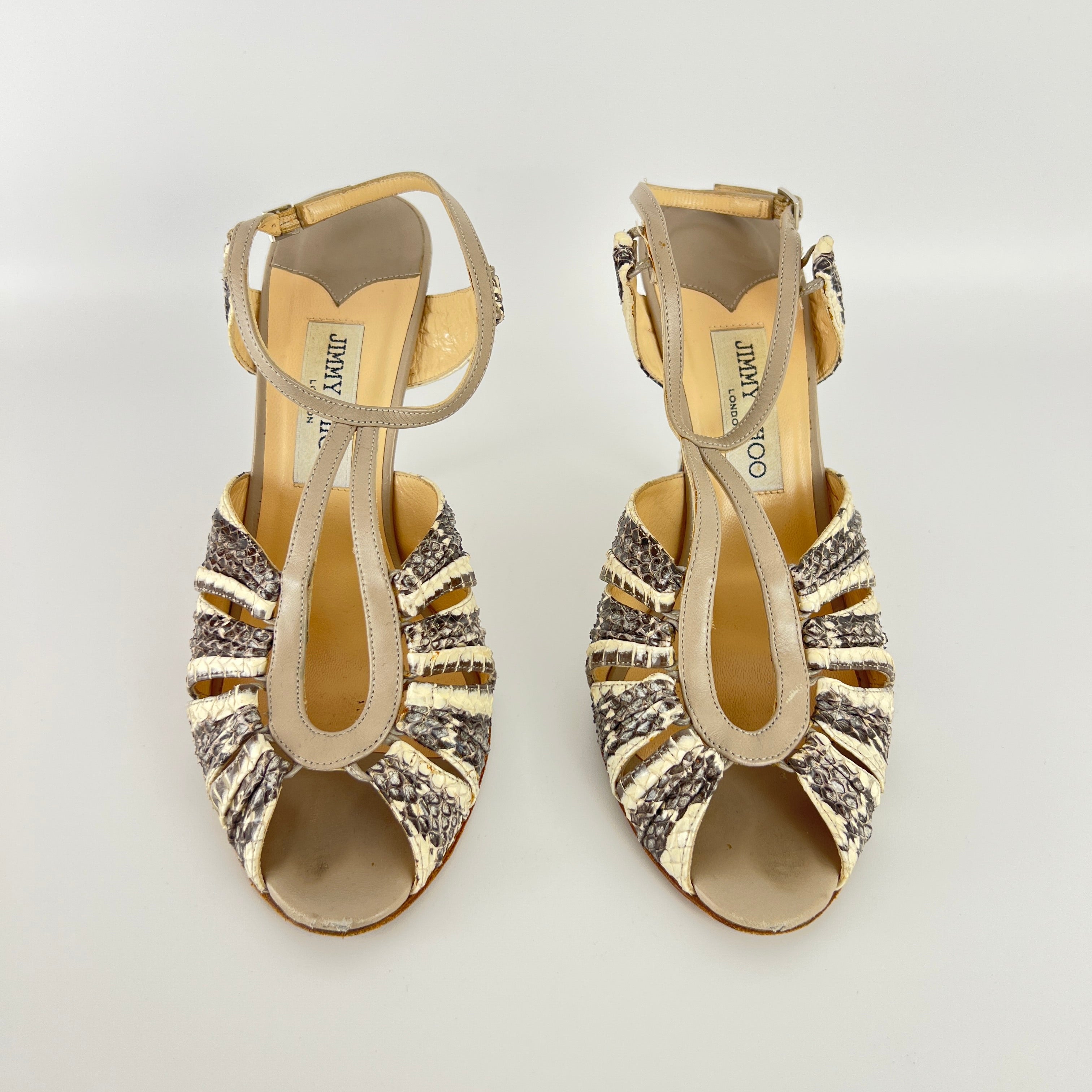 Jimmy Choo | Gray Beige Snake Leather Strappy Sandal Stiletto Heels (39.5)