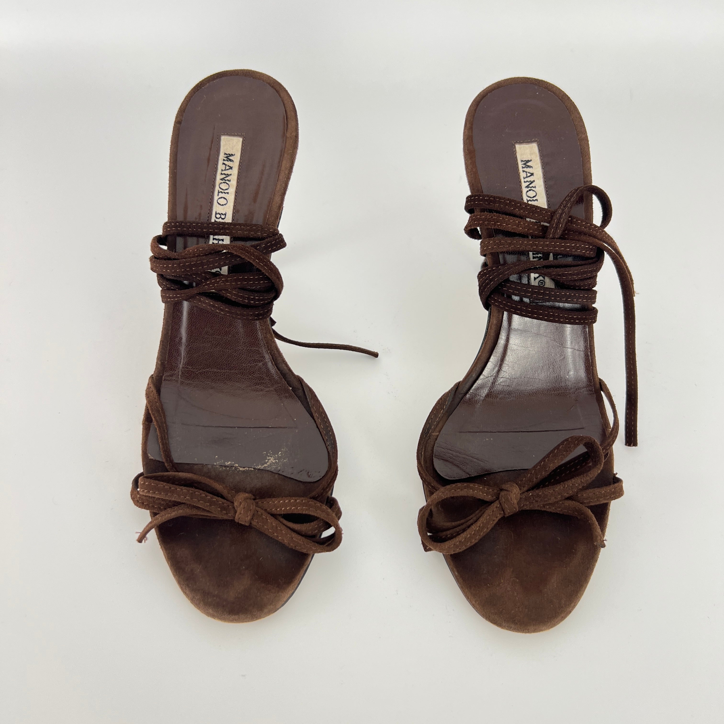 Manolo Blahnik | Brown Suede Leather Ribbon Bow Lace Up Sandal Heels (35)