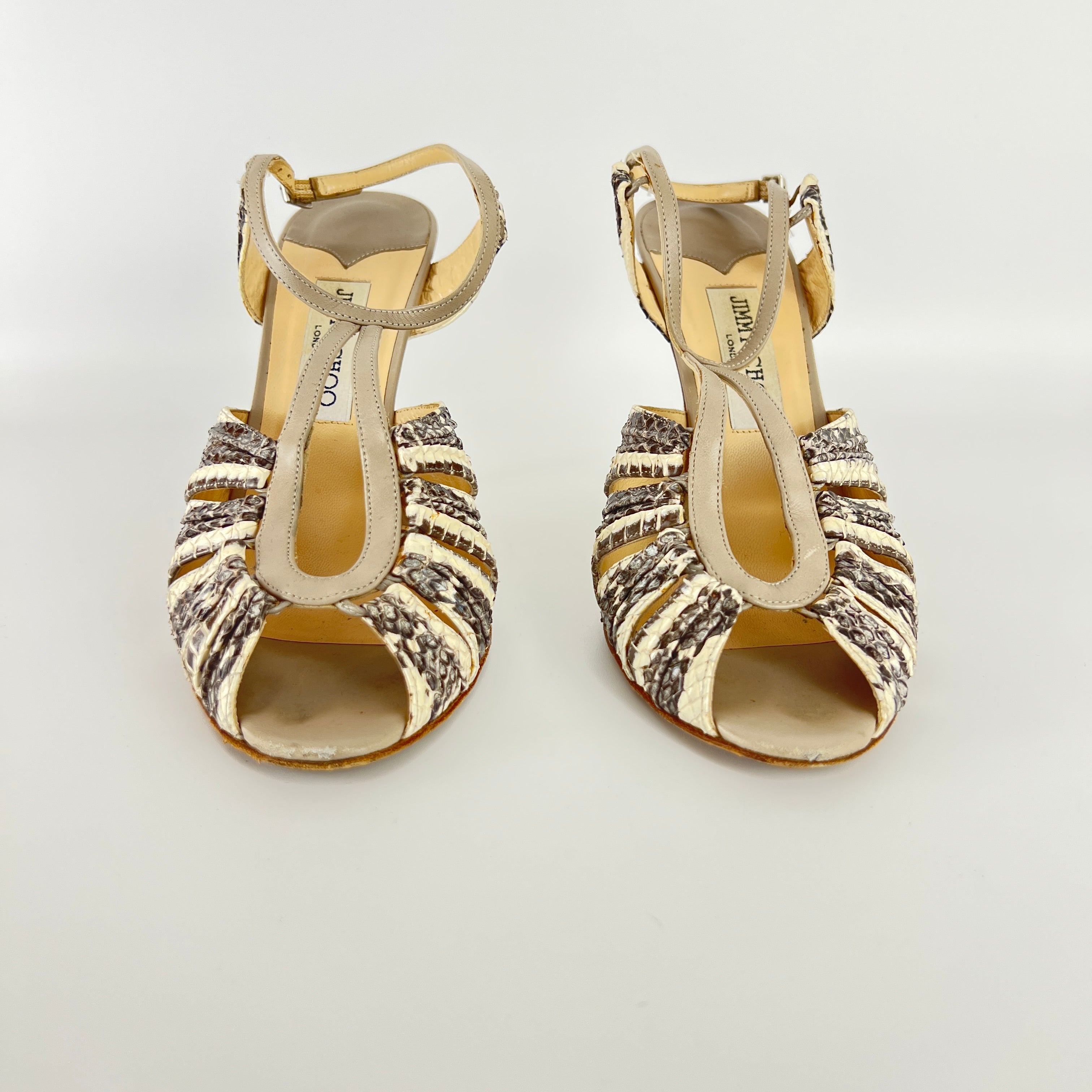 Jimmy Choo | Gray Beige Snake Leather Strappy Sandal Stiletto Heels (39.5)