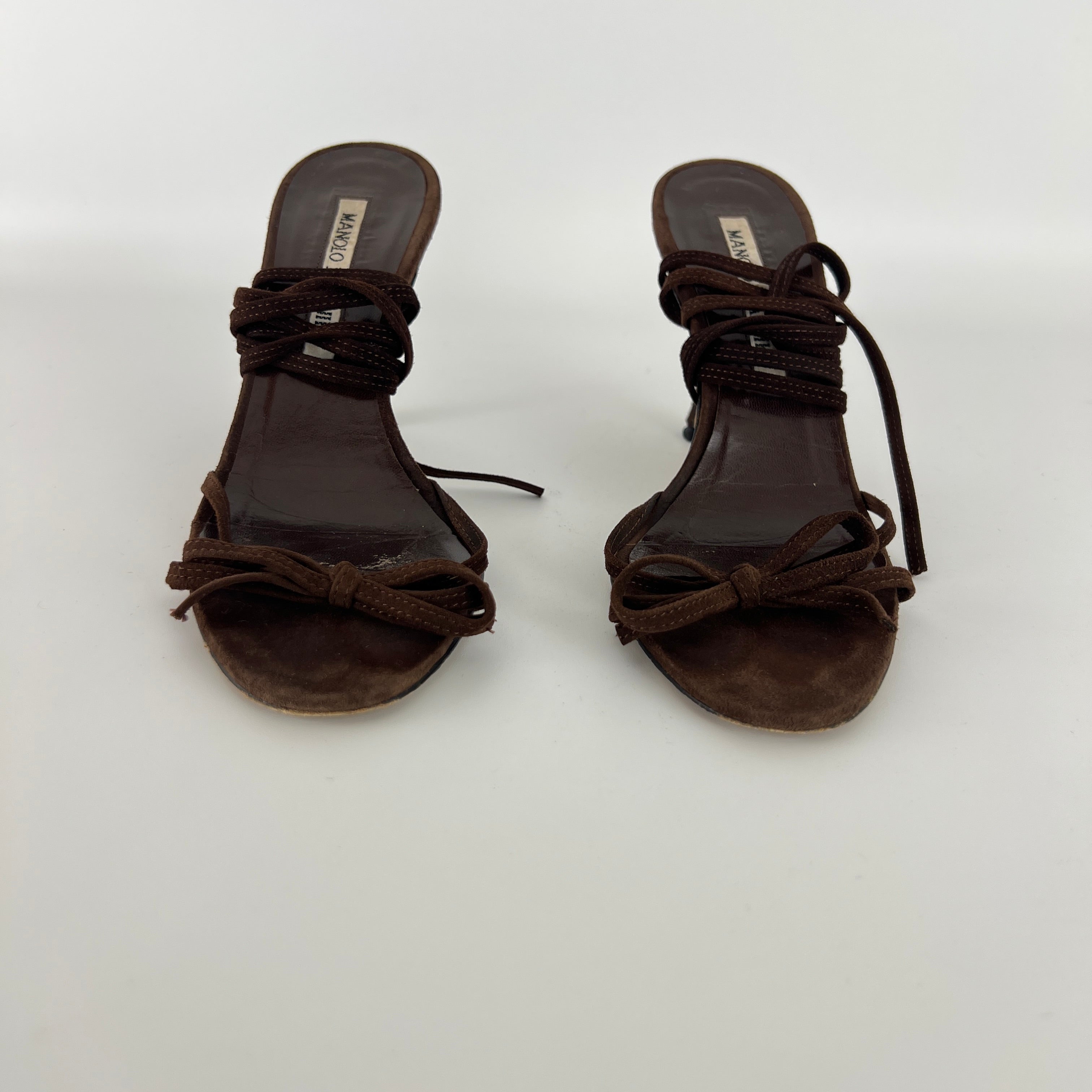 Manolo Blahnik | Brown Suede Leather Ribbon Bow Lace Up Sandal Heels (35)