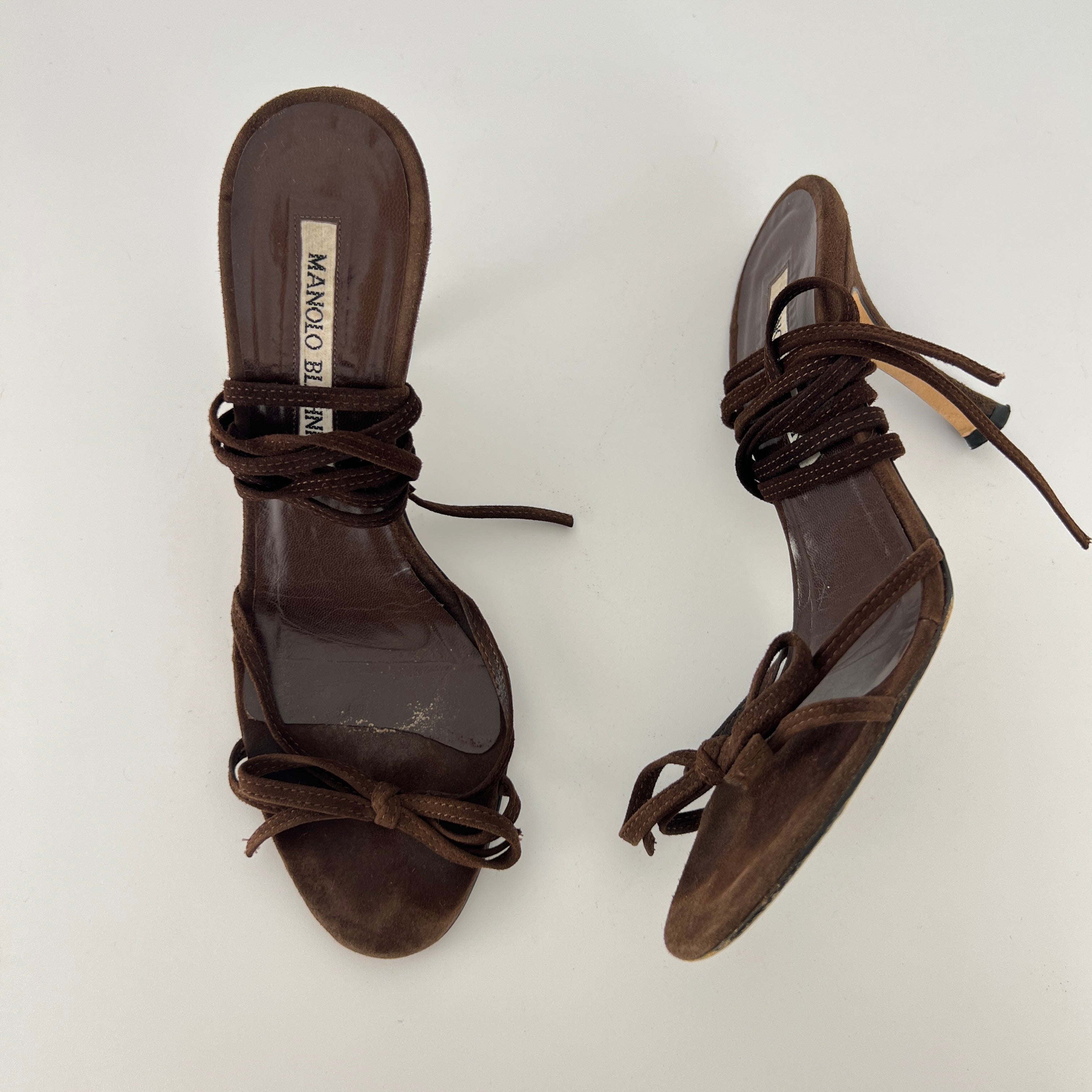 Manolo Blahnik | Brown Suede Leather Ribbon Bow Lace Up Sandal Heels (35)