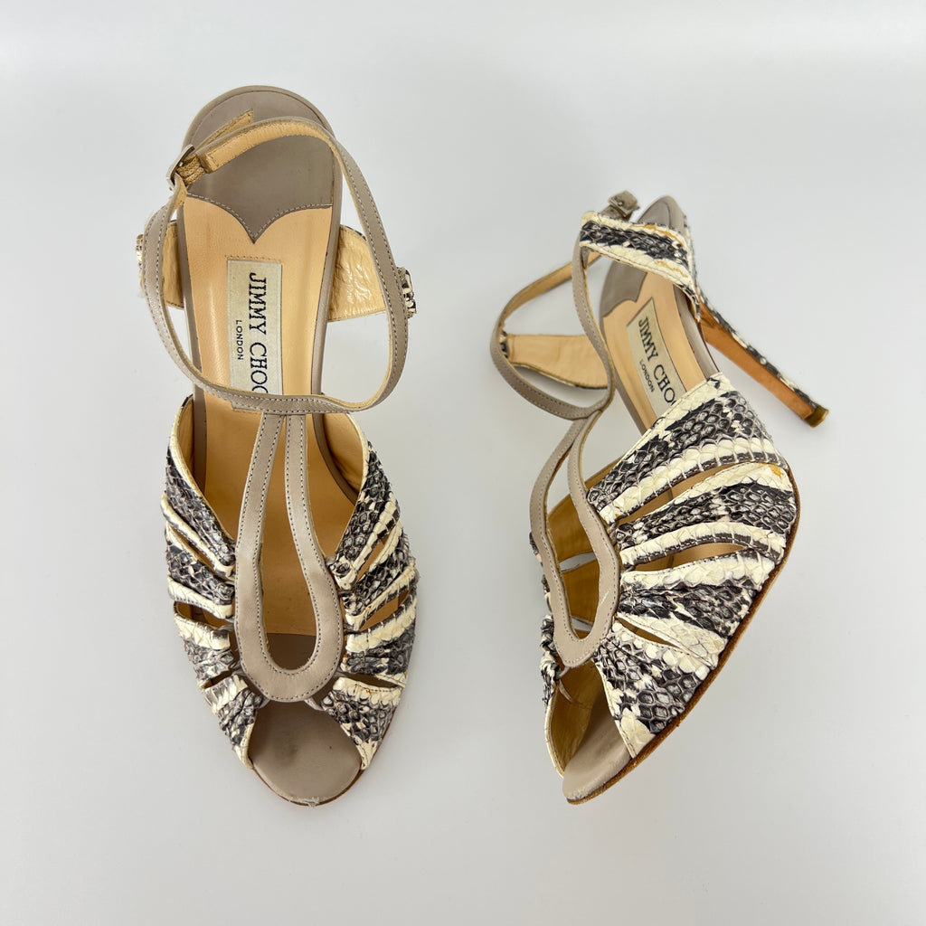 Jimmy Choo | Gray Beige Snake Leather Strappy Sandal Stiletto Heels (39.5)