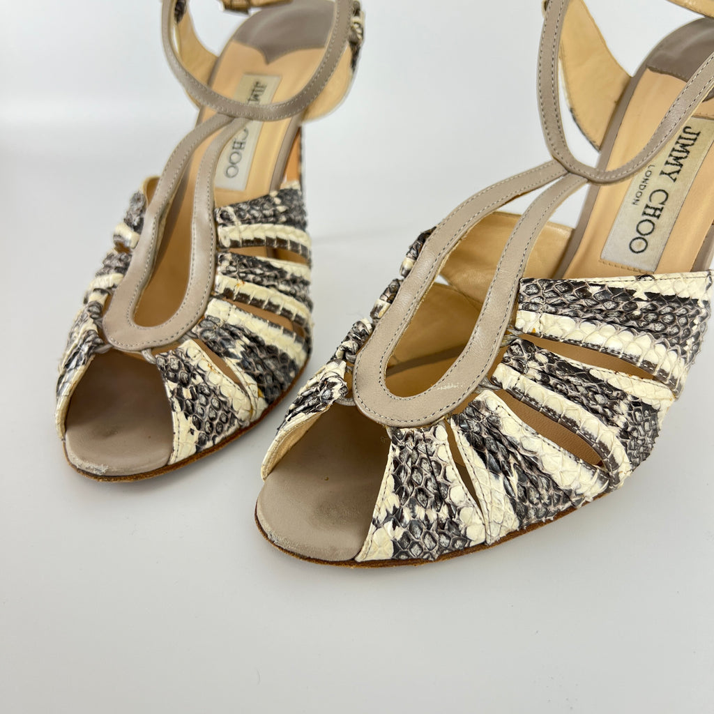 Jimmy Choo | Gray Beige Snake Leather Strappy Sandal Stiletto Heels (39.5)