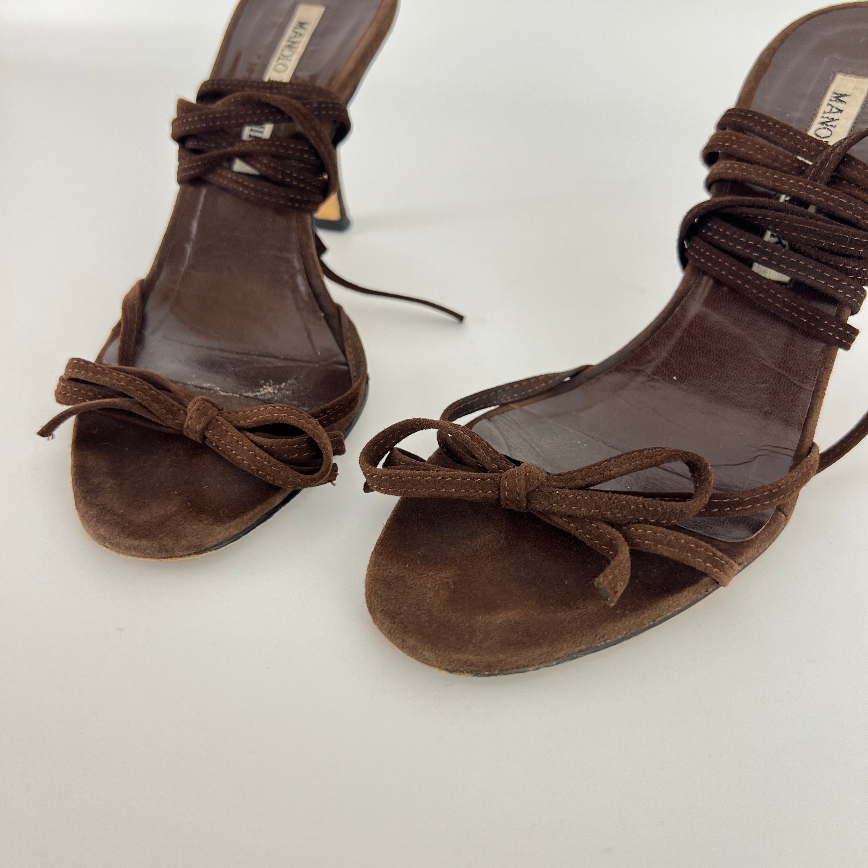 Manolo Blahnik | Brown Suede Leather Ribbon Bow Lace Up Sandal Heels (35)