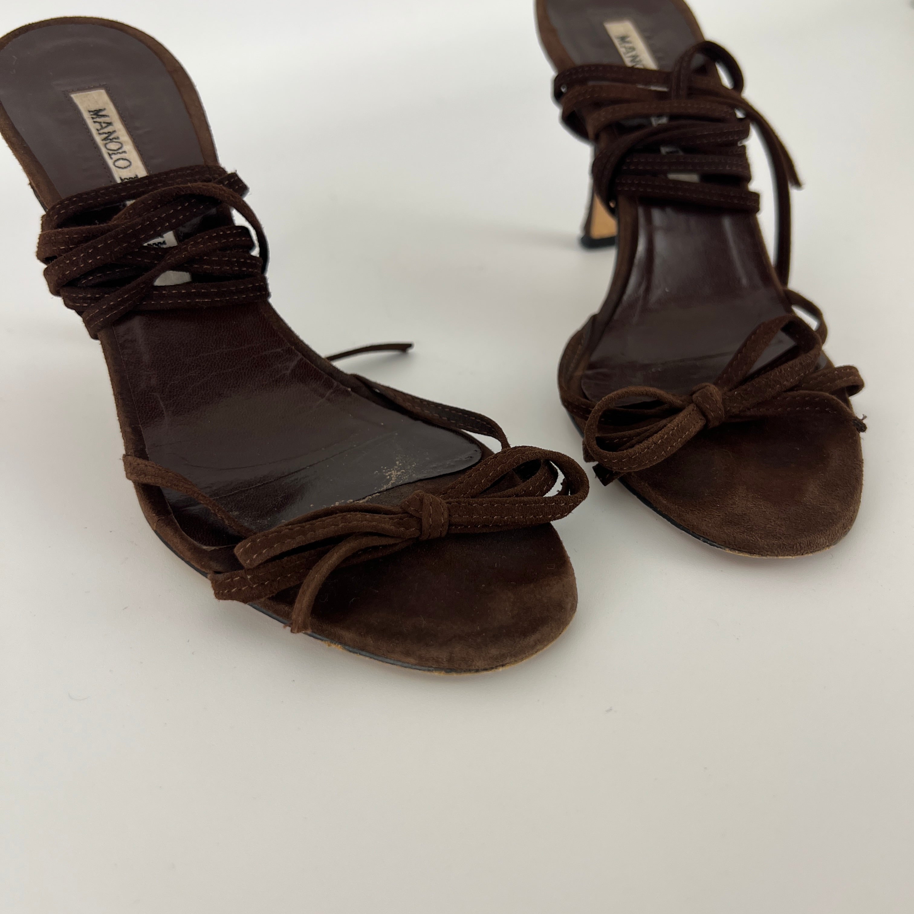 Manolo Blahnik | Brown Suede Leather Ribbon Bow Lace Up Sandal Heels (35)