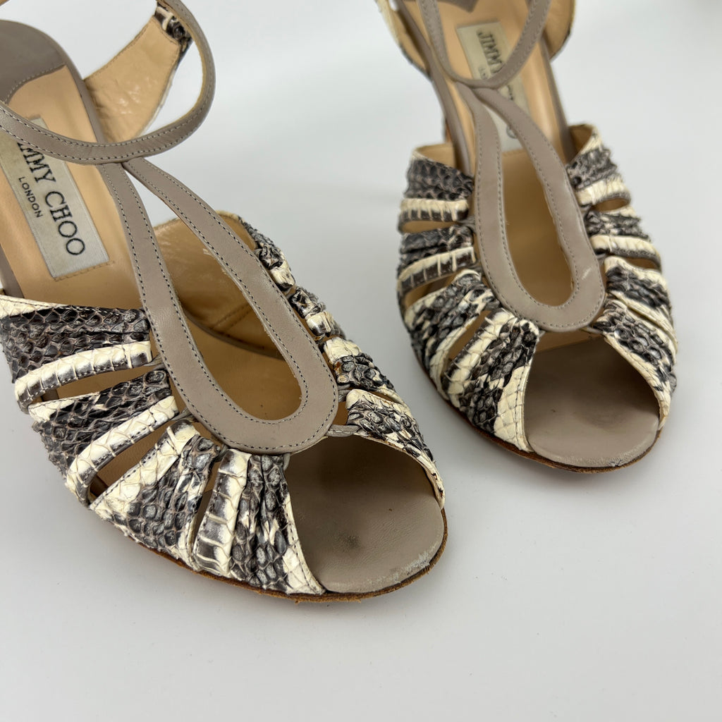 Jimmy Choo | Gray Beige Snake Leather Strappy Sandal Stiletto Heels (39.5)