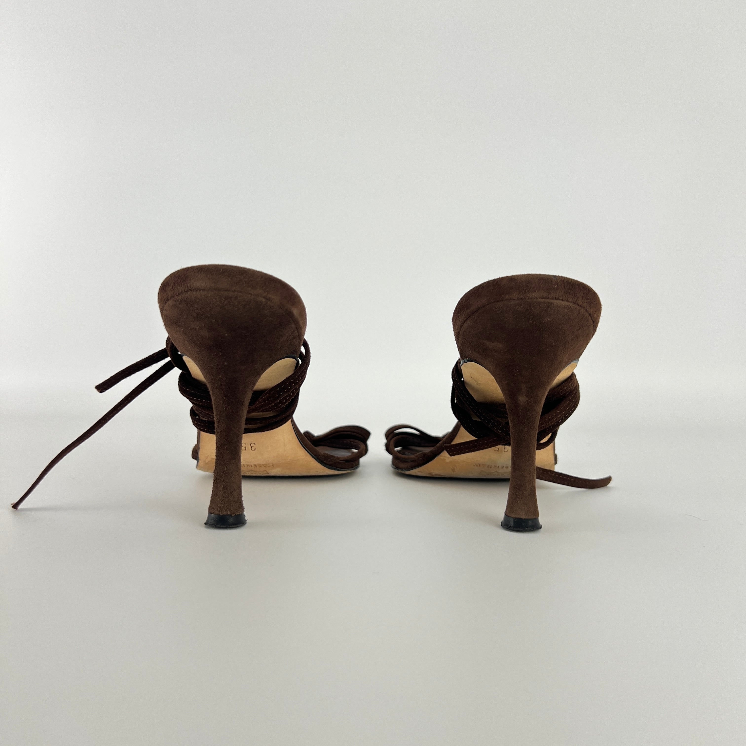 Manolo Blahnik | Brown Suede Leather Ribbon Bow Lace Up Sandal Heels (35)