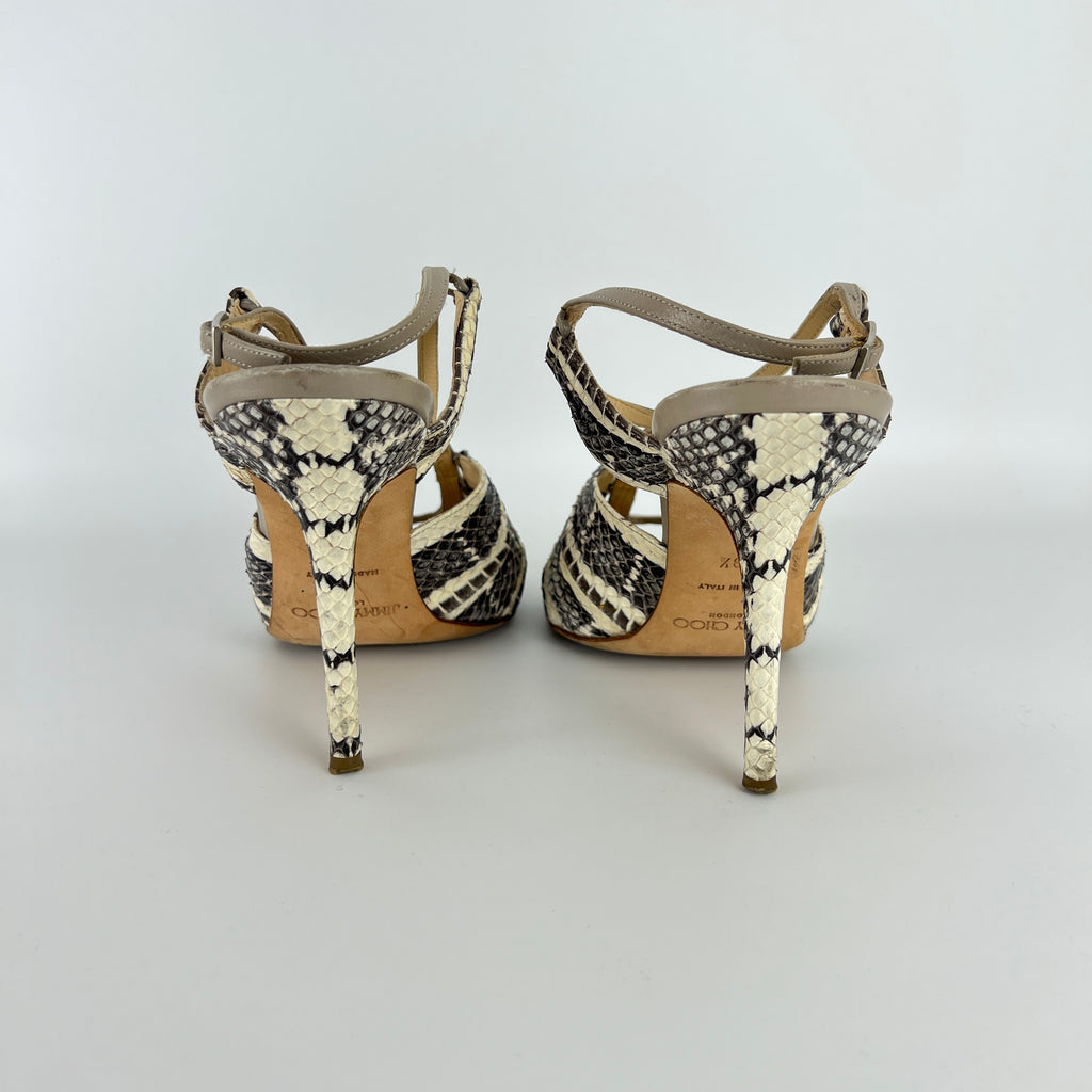 Jimmy Choo | Gray Beige Snake Leather Strappy Sandal Stiletto Heels (39.5)
