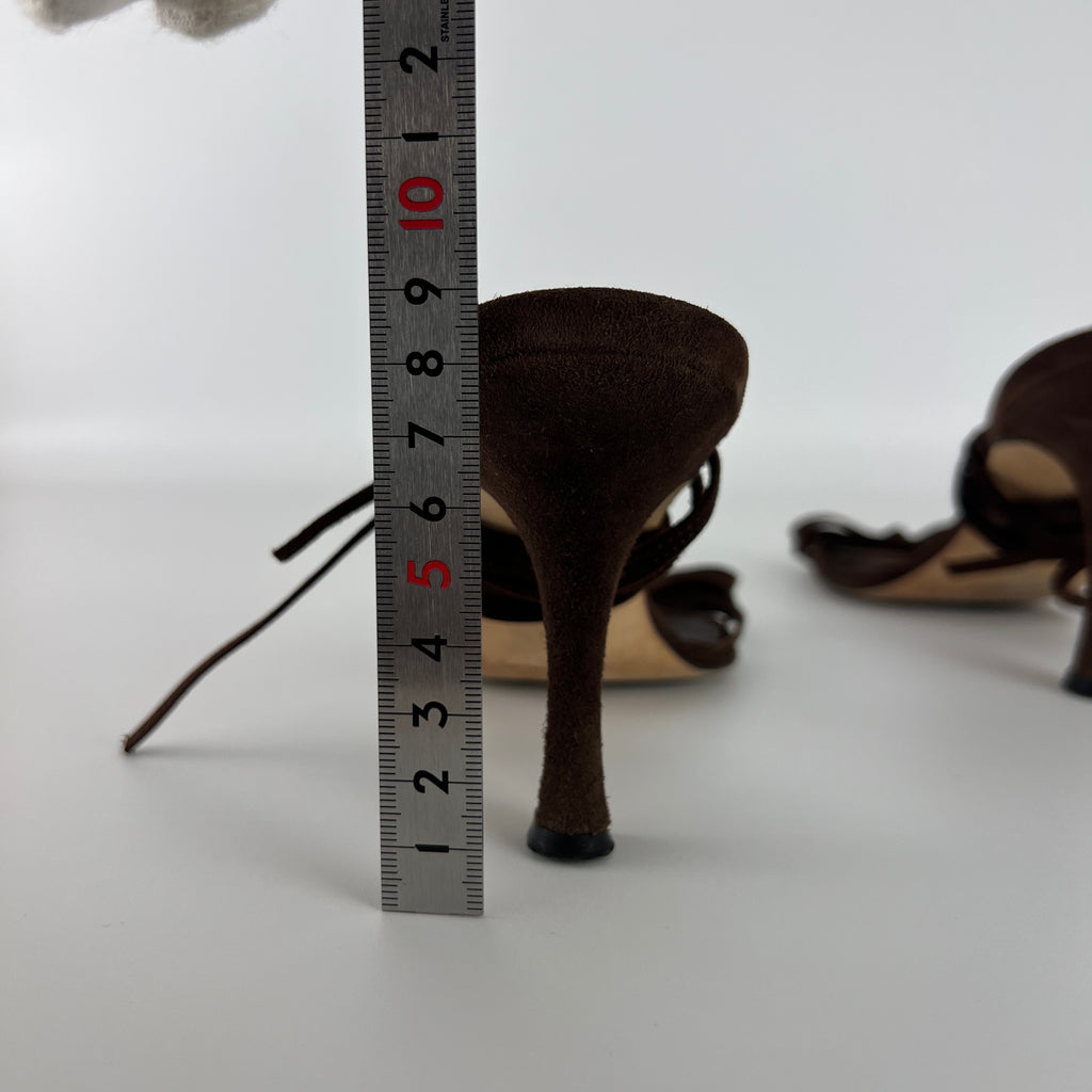 Manolo Blahnik | Brown Suede Leather Ribbon Bow Lace Up Sandal Heels (35)