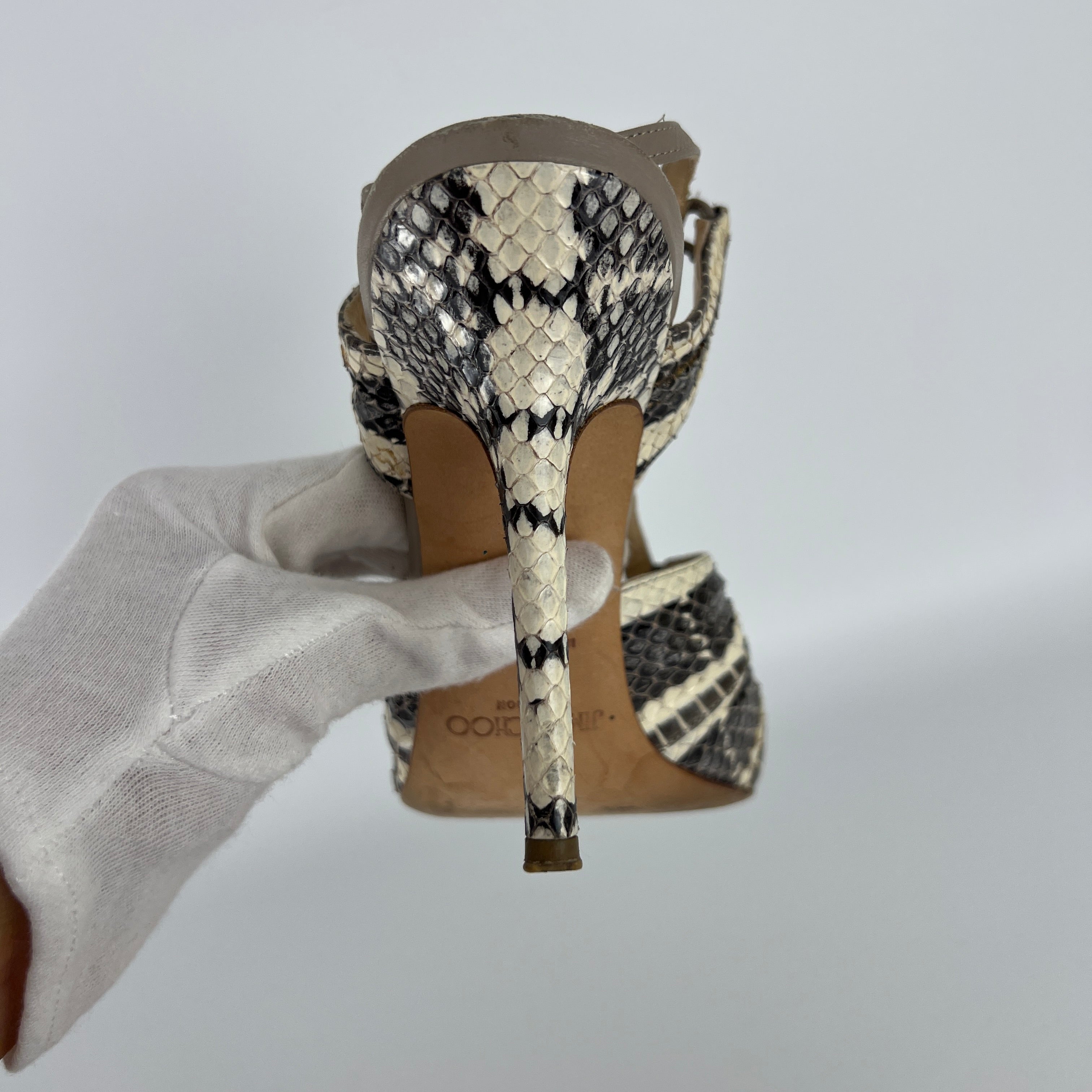 Jimmy Choo | Gray Beige Snake Leather Strappy Sandal Stiletto Heels (39.5)