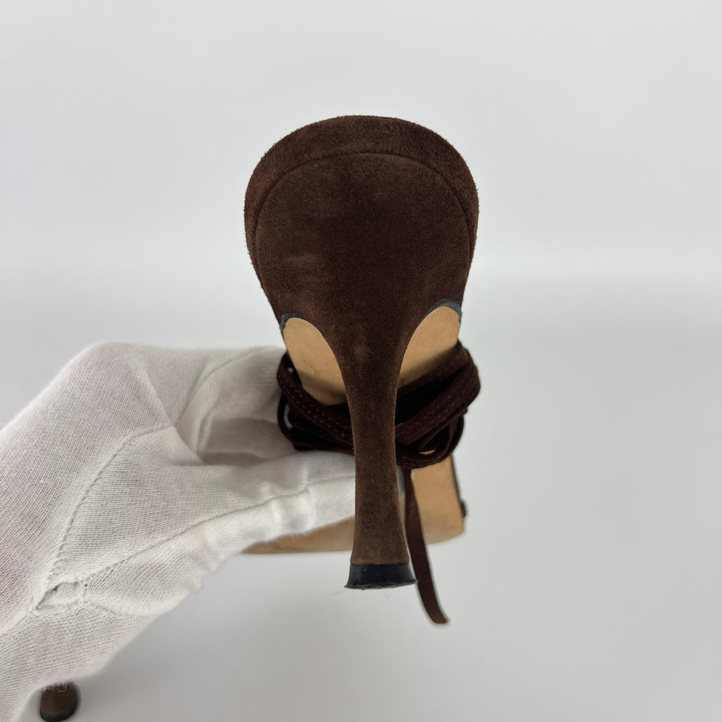 Manolo Blahnik | Brown Suede Leather Ribbon Bow Lace Up Sandal Heels (35)