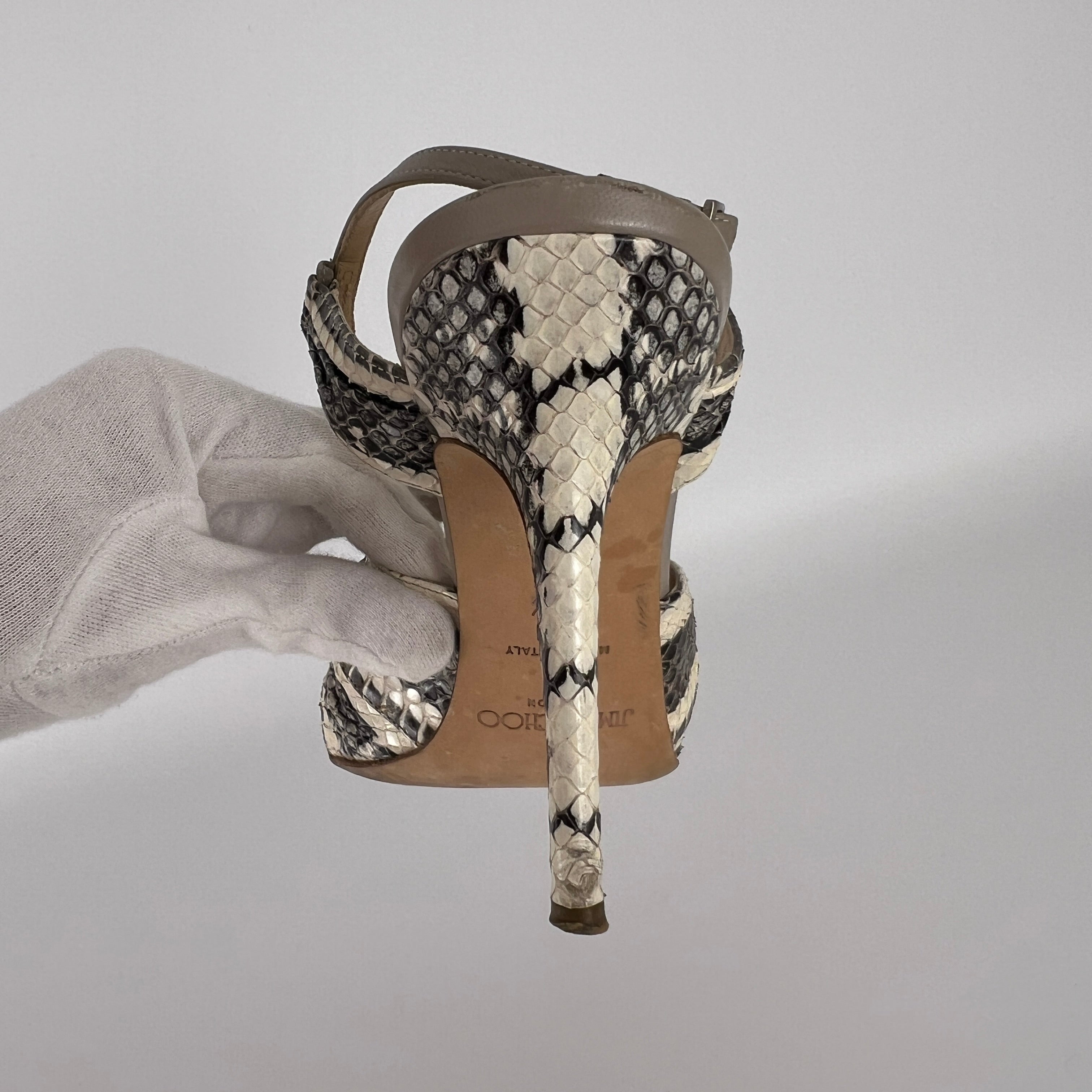 Jimmy Choo | Gray Beige Snake Leather Strappy Sandal Stiletto Heels (39.5)