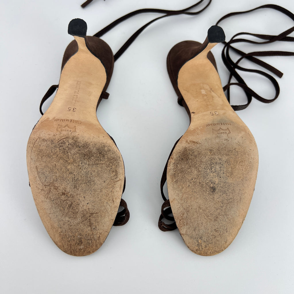 Manolo Blahnik | Brown Suede Leather Ribbon Bow Lace Up Sandal Heels (35)