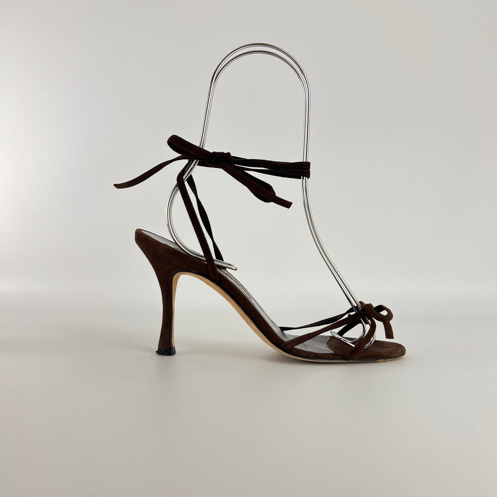 Manolo Blahnik | Brown Suede Leather Ribbon Bow Lace Up Sandal Heels (35)