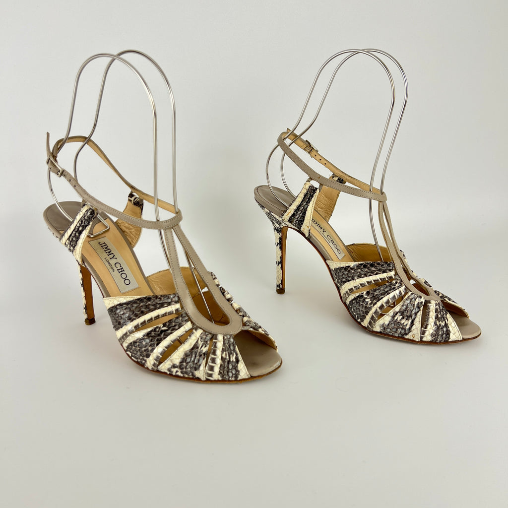 Jimmy Choo | Gray Beige Snake Leather Strappy Sandal Stiletto Heels (39.5)