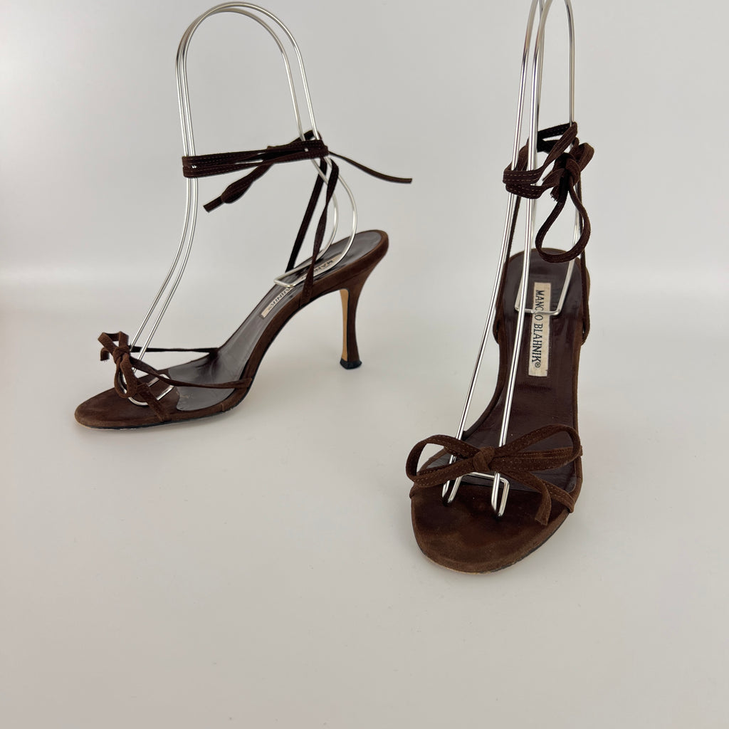 Manolo Blahnik | Brown Suede Leather Ribbon Bow Lace Up Sandal Heels (35)