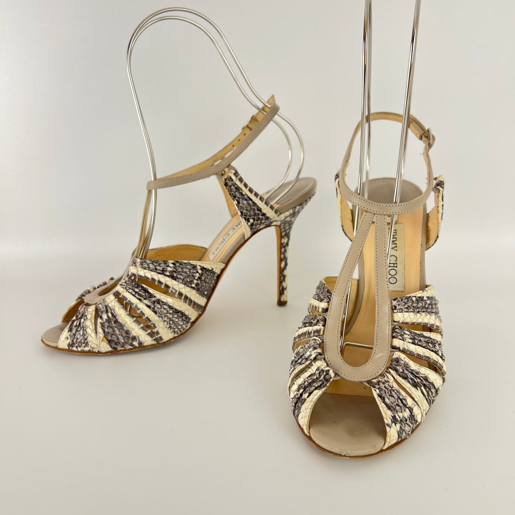 Jimmy Choo | Gray Beige Snake Leather Strappy Sandal Stiletto Heels (39.5)