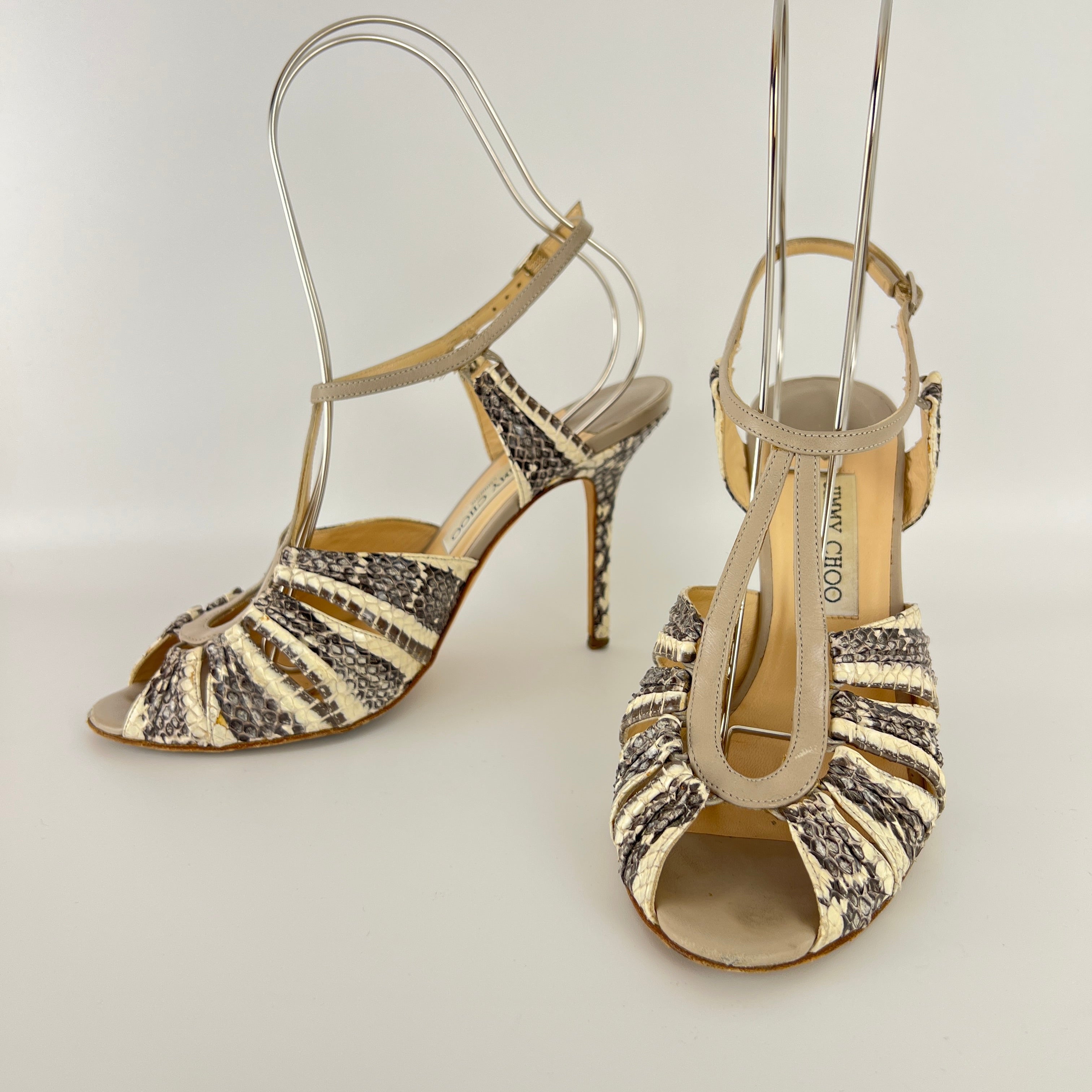 Jimmy Choo | Gray Beige Snake Leather Strappy Sandal Stiletto Heels (39.5)