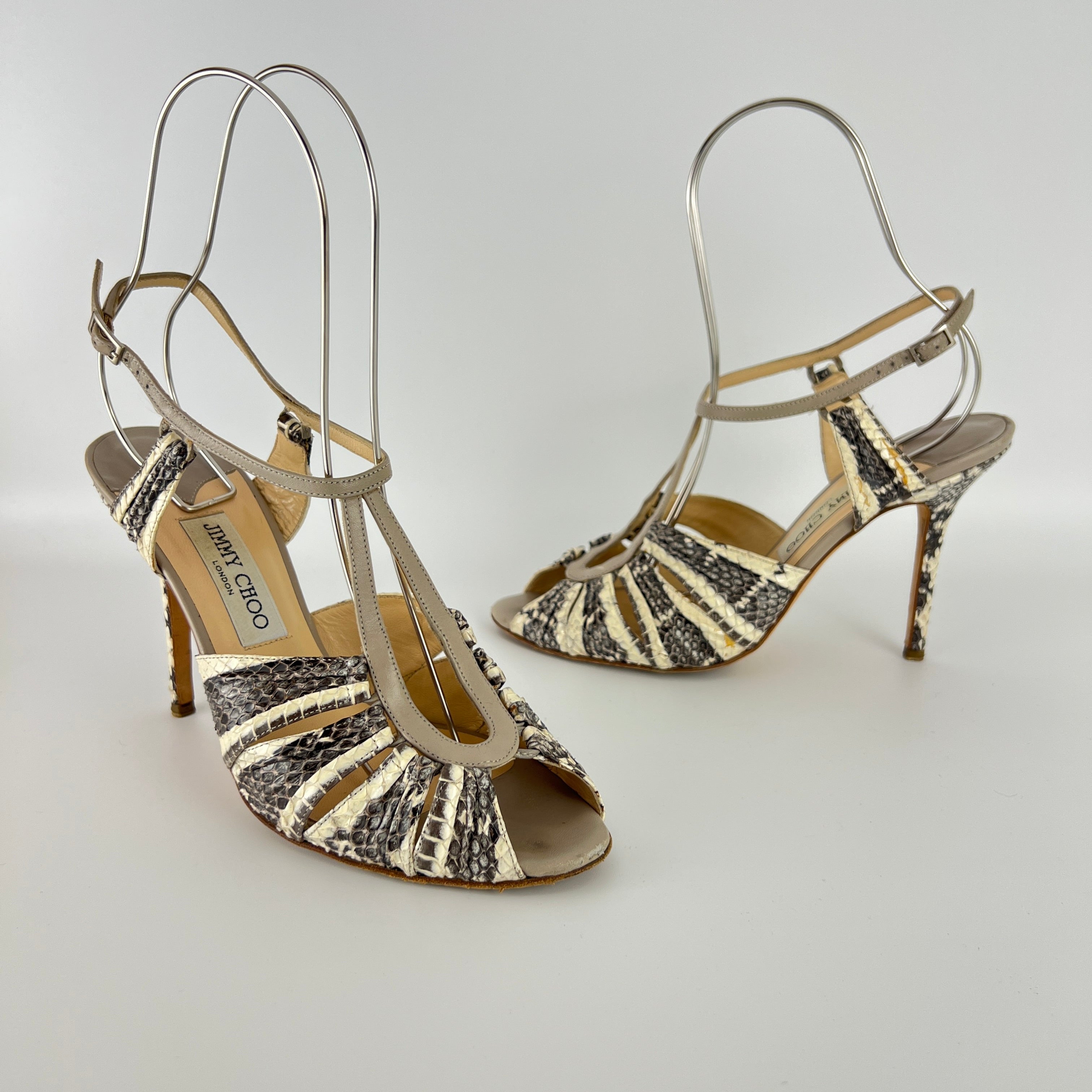 Jimmy Choo | Gray Beige Snake Leather Strappy Sandal Stiletto Heels (39.5)