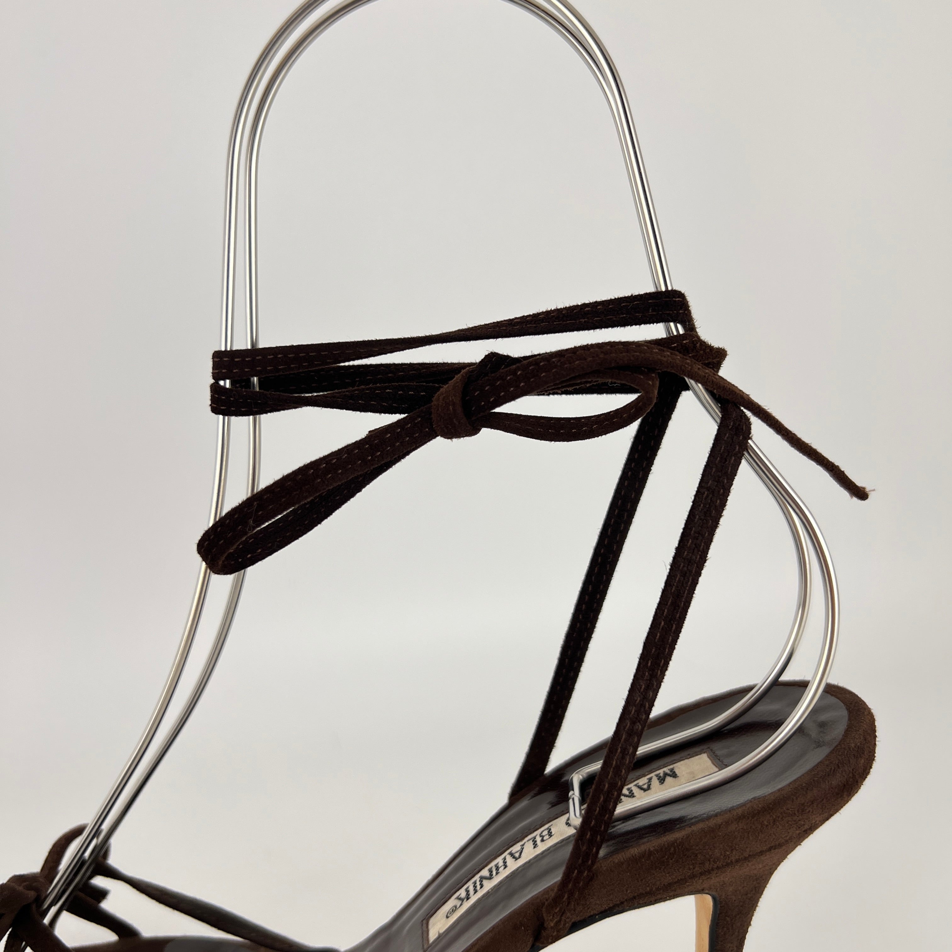 Manolo Blahnik | Brown Suede Leather Ribbon Bow Lace Up Sandal Heels (35)