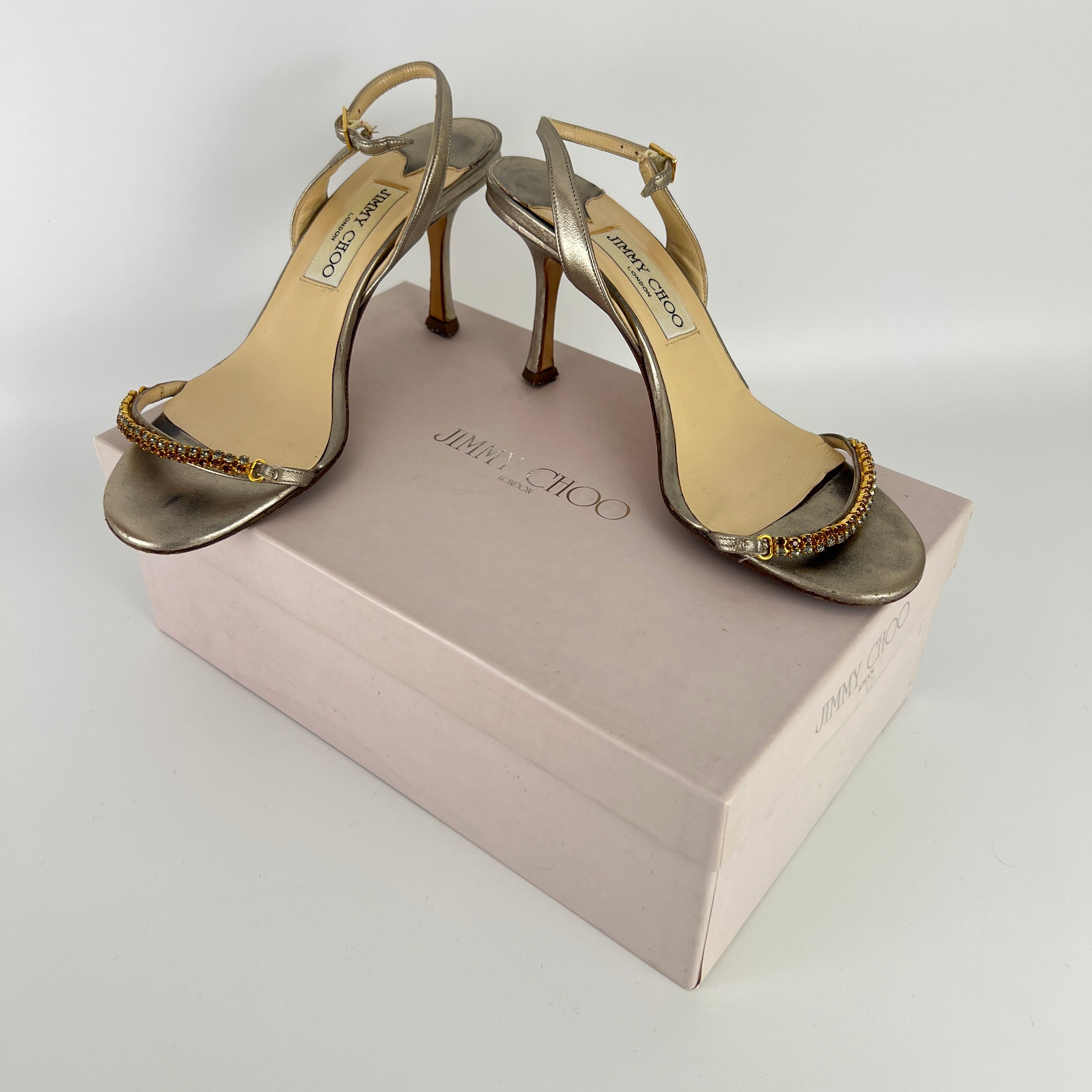 Jimmy Choo | Metallic Silver Leather Crystal Strap Slingback Heels (36.5)