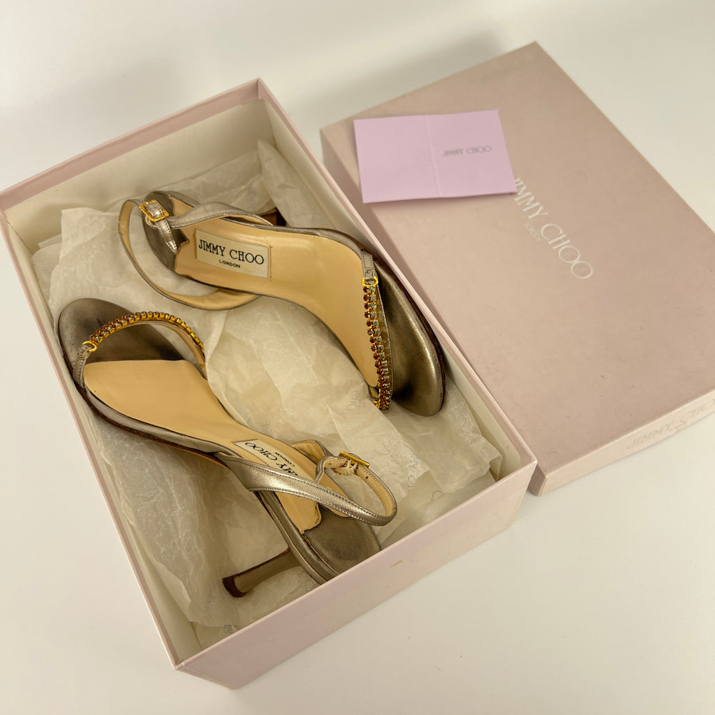 Jimmy Choo | Metallic Silver Leather Crystal Strap Slingback Heels (36.5)
