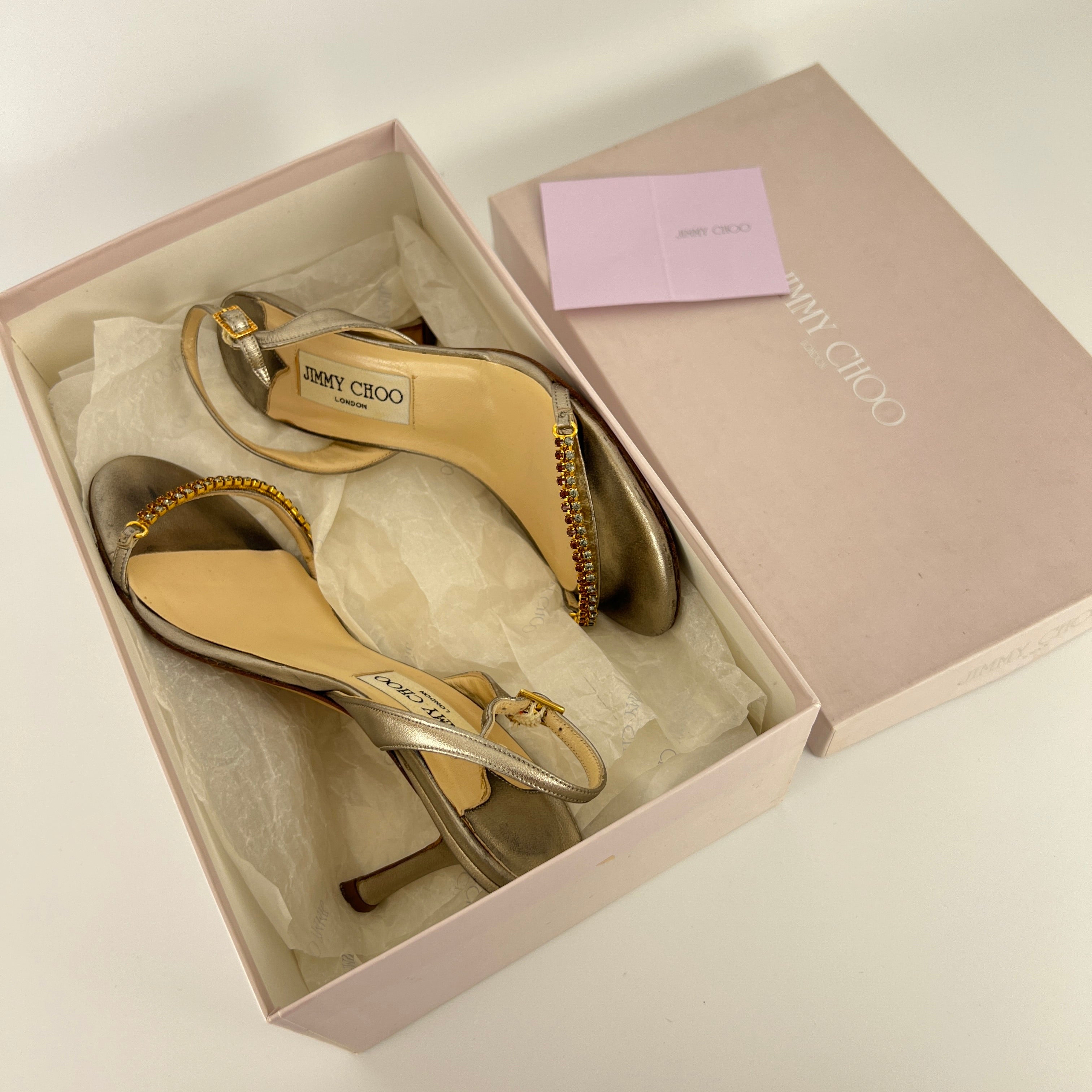 Jimmy Choo | Metallic Silver Leather Crystal Strap Slingback Heels (36.5)