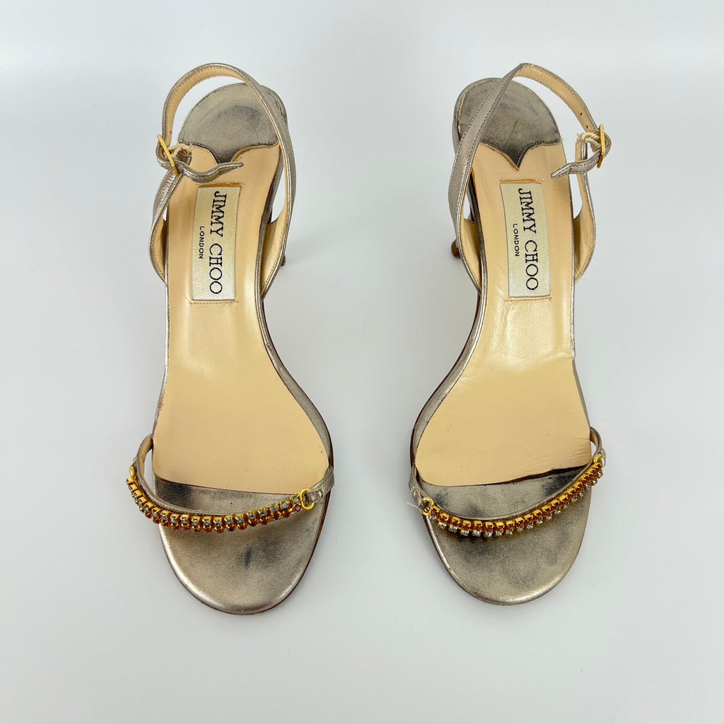 Jimmy Choo | Metallic Silver Leather Crystal Strap Slingback Heels (36.5)