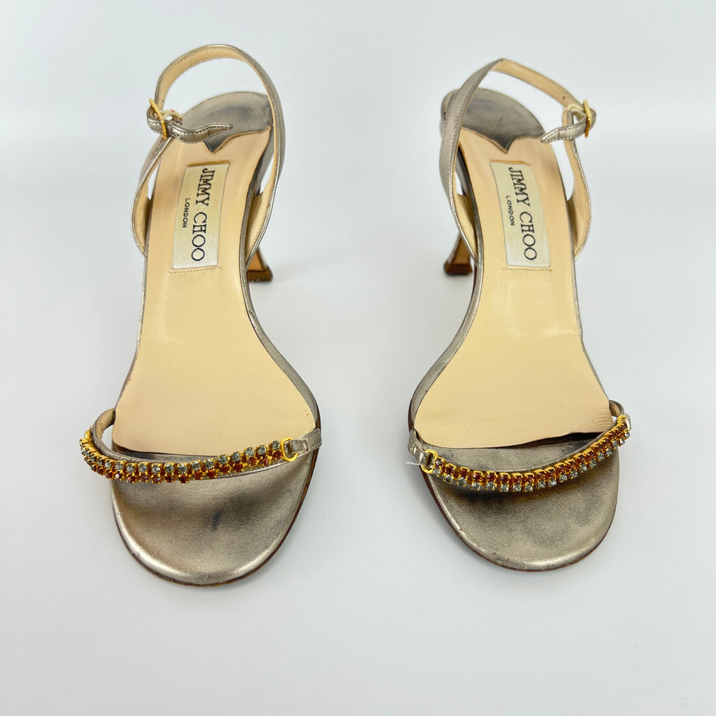 Jimmy Choo | Metallic Silver Leather Crystal Strap Slingback Heels (36.5)