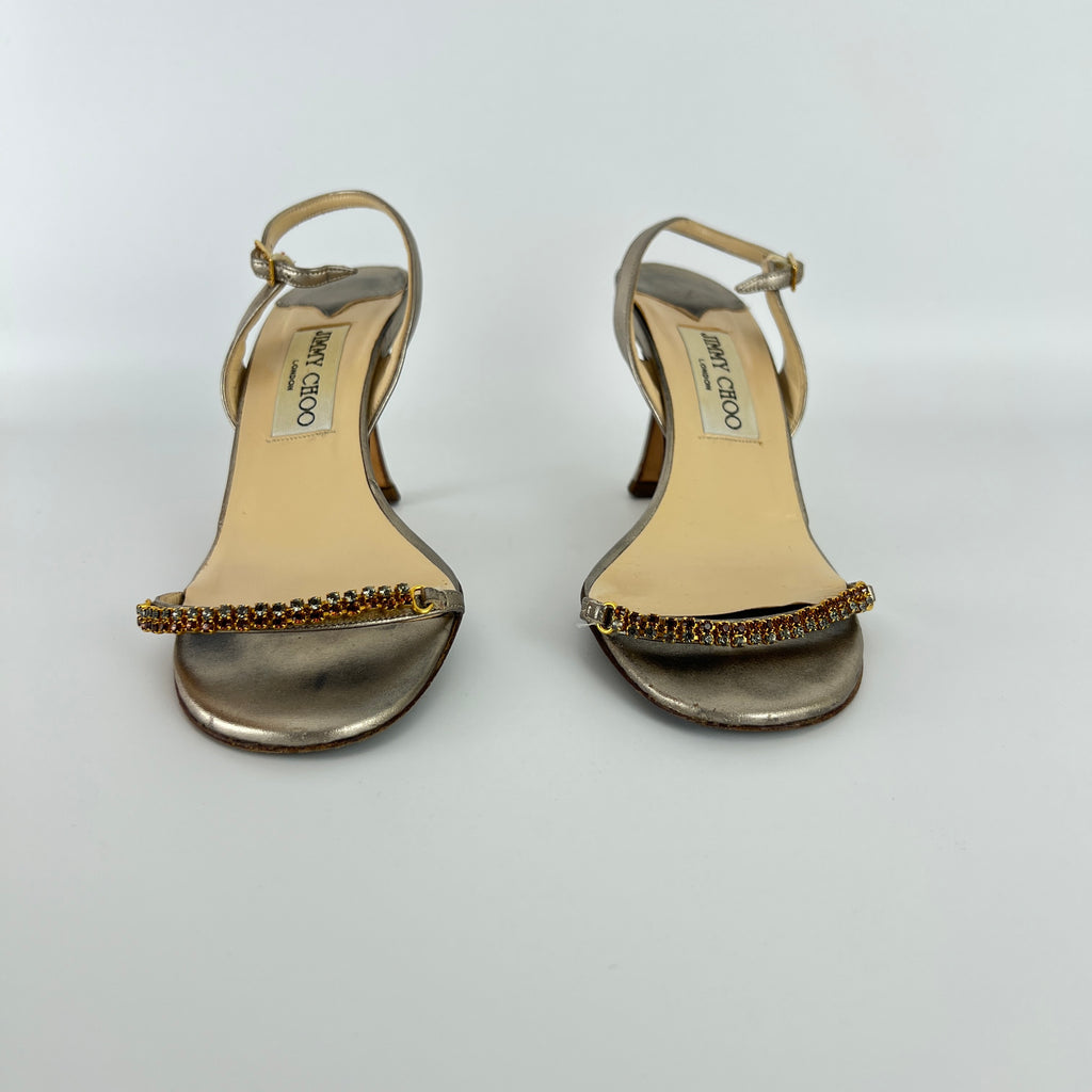 Jimmy Choo | Metallic Silver Leather Crystal Strap Slingback Heels (36.5)