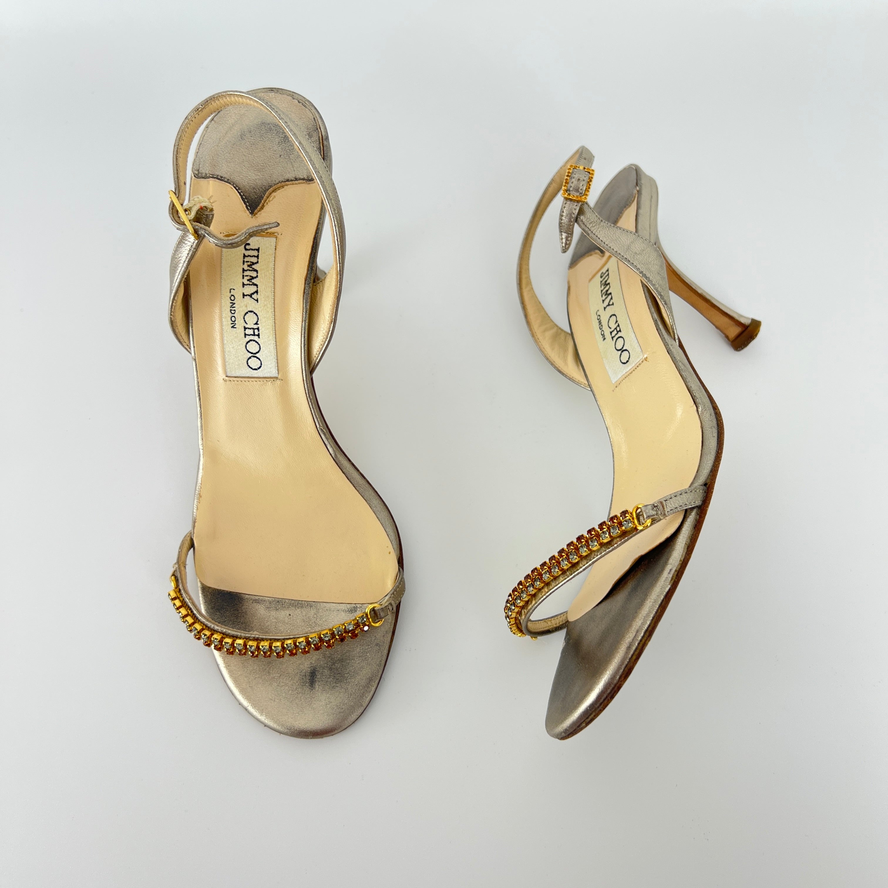 Jimmy Choo | Metallic Silver Leather Crystal Strap Slingback Heels (36.5)