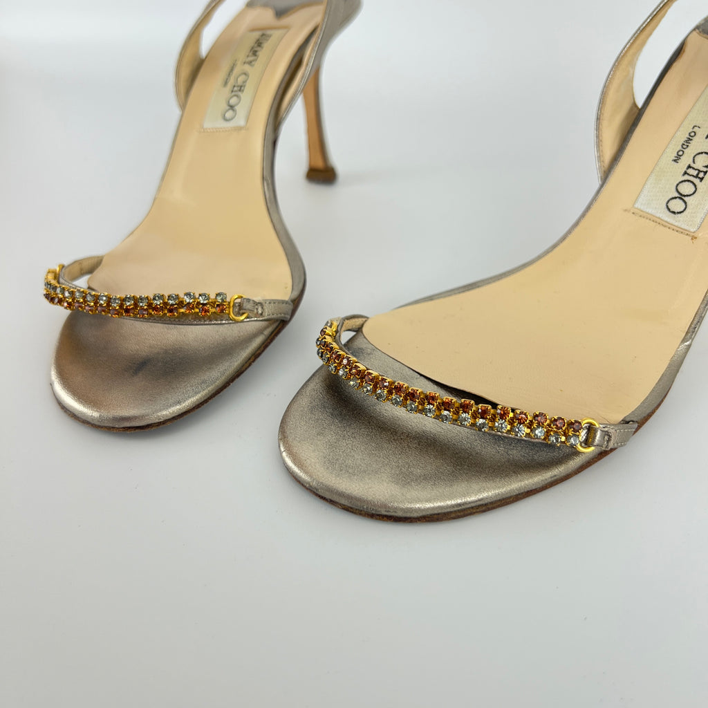Jimmy Choo | Metallic Silver Leather Crystal Strap Slingback Heels (36.5)