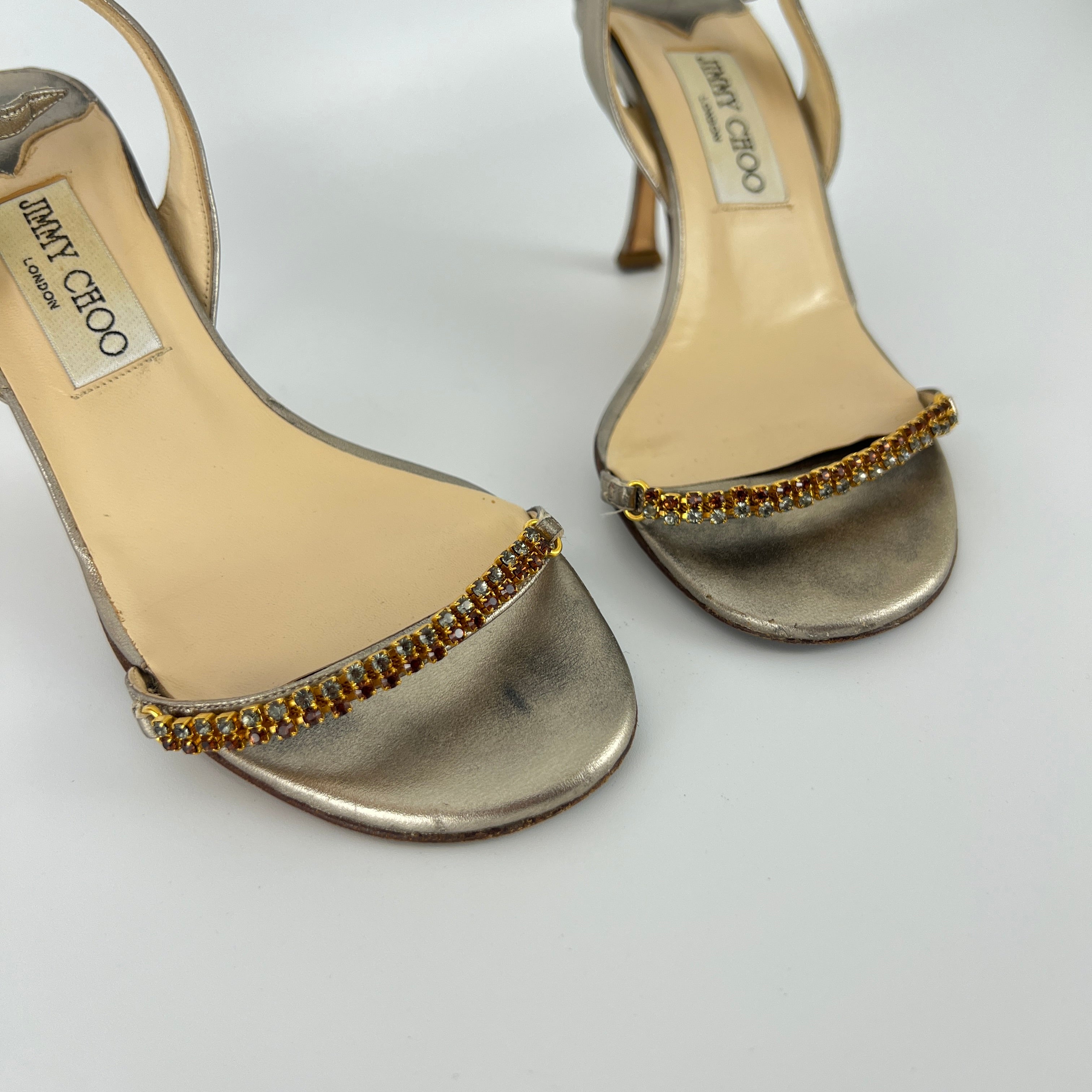 Jimmy Choo | Metallic Silver Leather Crystal Strap Slingback Heels (36.5)