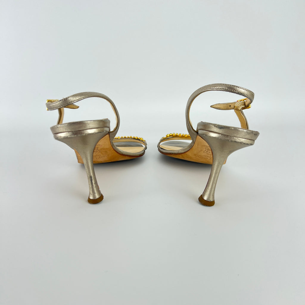 Jimmy Choo | Metallic Silver Leather Crystal Strap Slingback Heels (36.5)