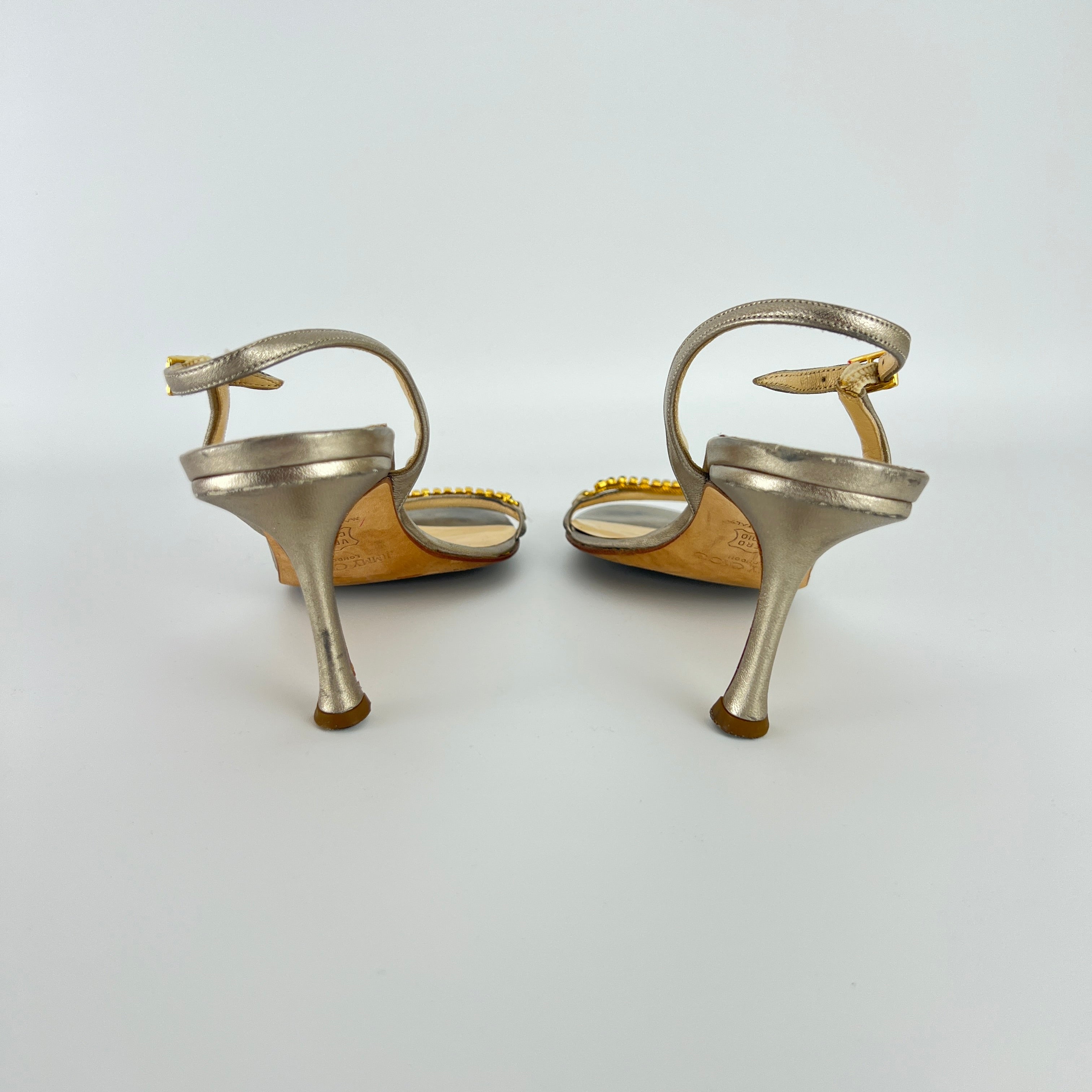 Jimmy Choo | Metallic Silver Leather Crystal Strap Slingback Heels (36.5)
