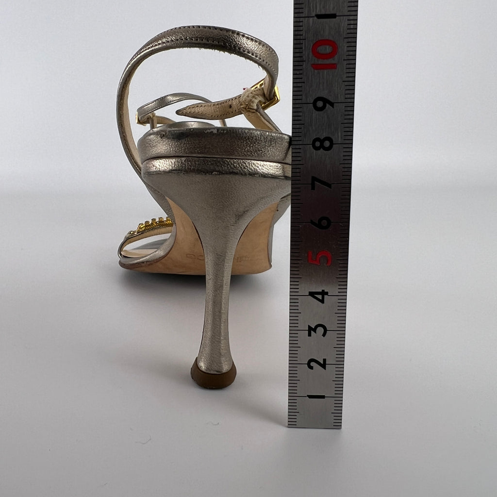 Jimmy Choo | Metallic Silver Leather Crystal Strap Slingback Heels (36.5)