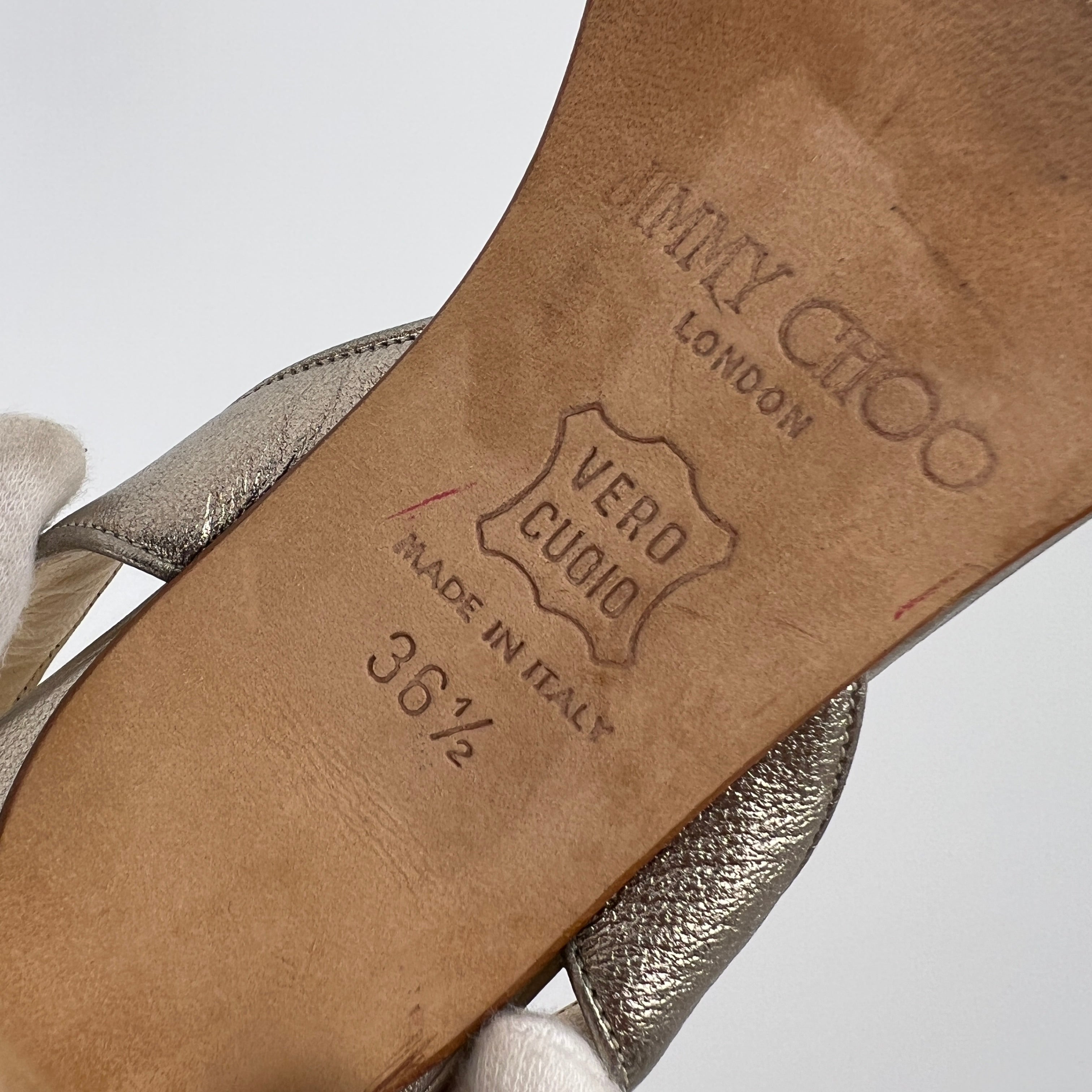 Jimmy Choo | Metallic Silver Leather Crystal Strap Slingback Heels (36.5)