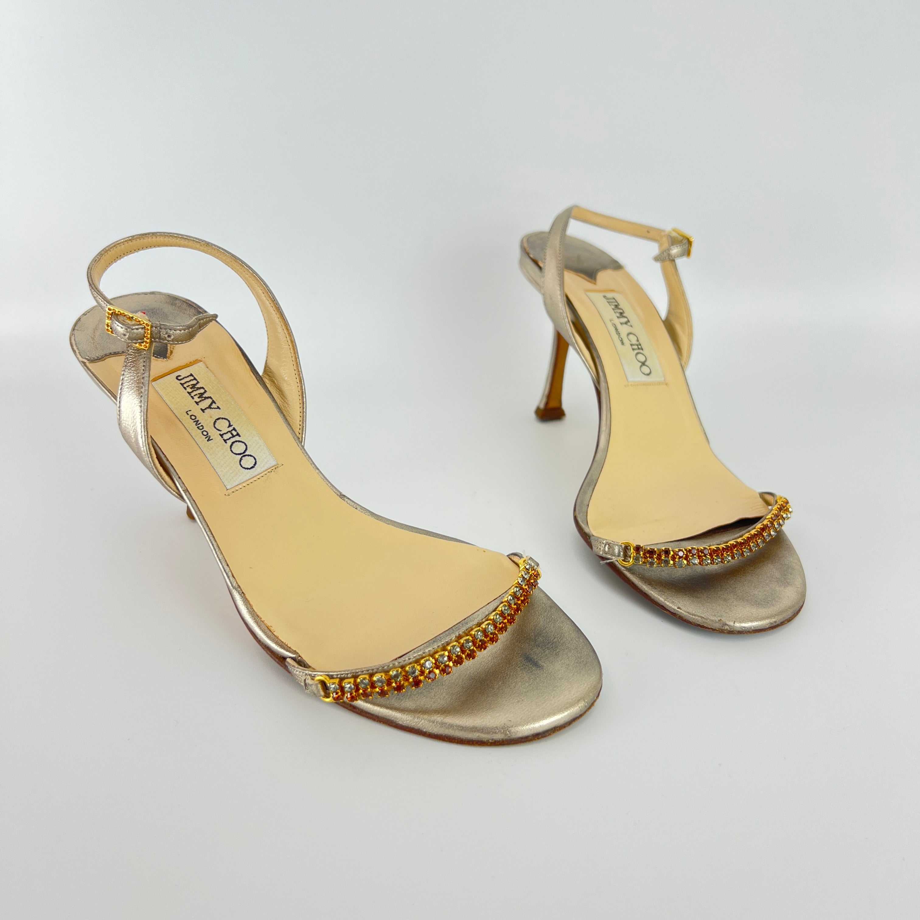 Jimmy Choo | Metallic Silver Leather Crystal Strap Slingback Heels (36.5)