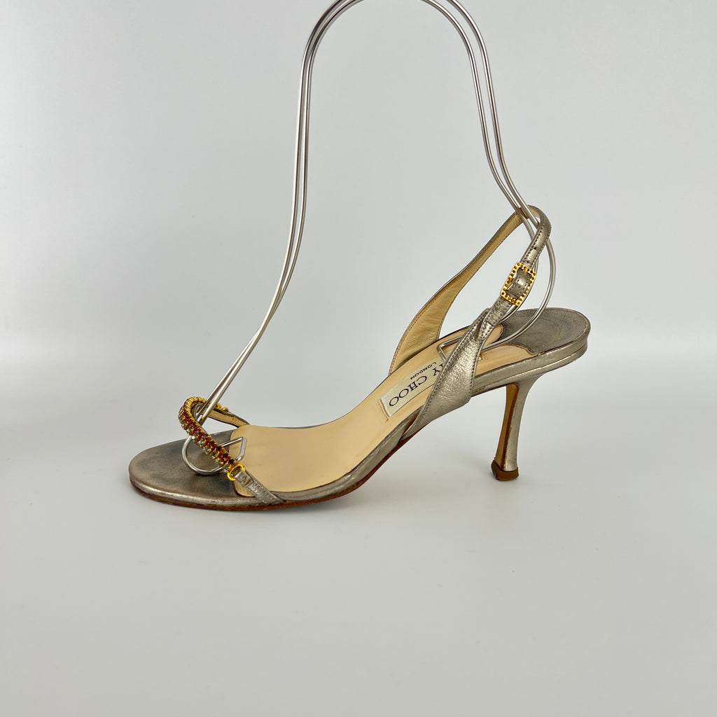 Jimmy Choo | Metallic Silver Leather Crystal Strap Slingback Heels (36.5)
