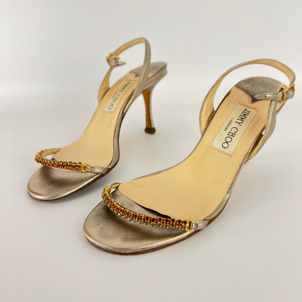 Jimmy Choo | Metallic Silver Leather Crystal Strap Slingback Heels (36.5)