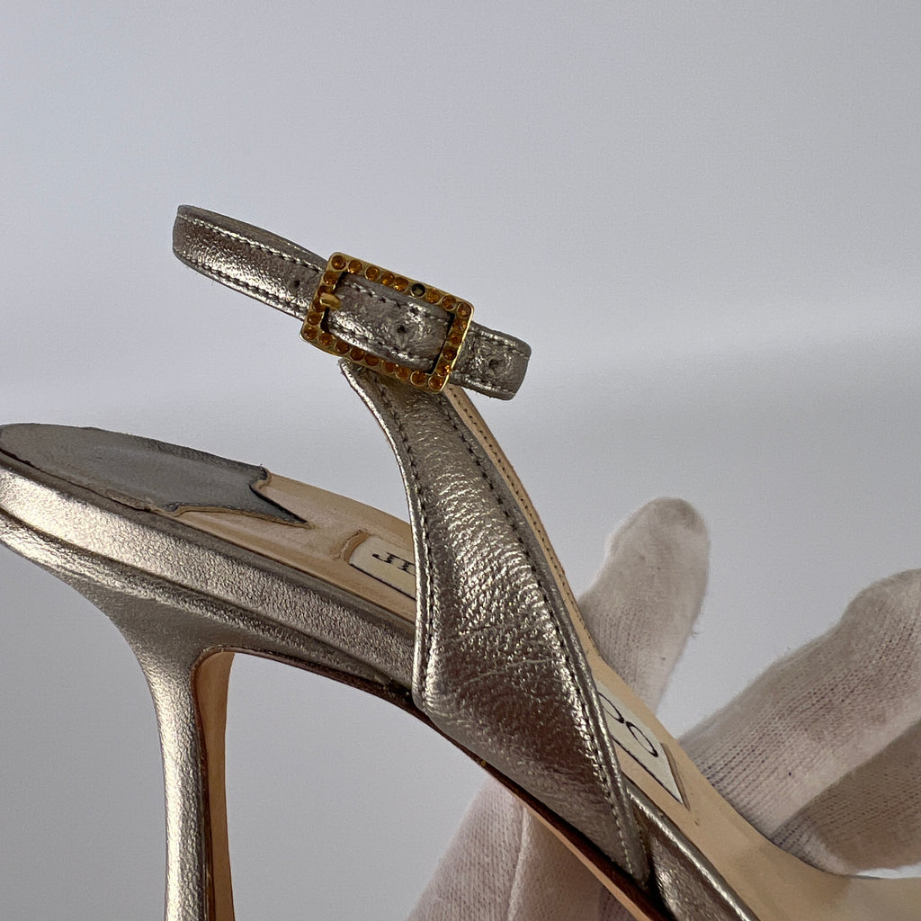 Jimmy Choo | Metallic Silver Leather Crystal Strap Slingback Heels (36.5)